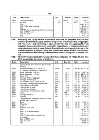 799

 Code      Description                                     Unit           Quantity     Rate       Amount
 9999      Carriage of Diesel.                                   L.S.    1388.01       1.00        1388.01
 5001      Mobil oil                                             litre      1.47      95.00         139.65
           Total                                                                                244,014.13
           Add 1% for water charges.                                                              2,440.14
           Total                                                                                246,454.27
           Add 15% for contractor’s profit and overheads                                         36,968.14
           Cost for 66.81 cum                                                                   283,422.41
           Cost per cum                                                                           4,242.22
           Say                                                                                    4,242.20

16.56    Providing and laying Dense Bituminous concrete on prepared surface with
        specified graded stone aggregate for wearing course including loading of aggregate
        with F.E. loader , and hot mixing of bitumen with filler and stone aggregate in hot
        mix plant , transporting the mixed material by tippers to paver and laying the mixed
        material with mechanical paver finisher fitted with electronic sensing device to the
        required level and grade and rolling with road rollers, as per MORTH specification,
        to achieve the desired density and compaction but excluding cost of primer/ tack
        coat.
16.56.1 40 mm/50mm compacted thickness with bitumen of grade 60/ 70 @ 5.5% and lime
        @3% (percentage by weight of total mix).
 Code      Description                                     Unit           Quantity     Rate       Amount
           Details of cost for 147.00 MT (62.29 cum)
           Material
 7309      Bitumen Grade 60/70, 5.5% of 147                tonne             8.085   23,200.00 187,572.00
           M.T.Paving Asphalt 60/70 penetration
 0296      Stone Aggregate 13.2 mm.                        cum              4.7        700.00    3,297 .00
 0297      Stone Aggregate 11.2 mm.                        cum             47.13       700.00    32,991.00
 1159      Stone dust                                      cum             39.74       700.00    27,818.00
 2202      Carriage of Stone aggregate .                   cum             51.84        53.21     2,758.41
 2267      Carriage of Stone dust                          cum             39.74        53.21     2,114.57
 0777      Dry hydrated lime 2 3% of 147 M.T.              quintal         44.10       177.00     7,805.70
 2208      Machinery carriage of Hydredted lime            cum              3.42        53.21       181.98
 0008      Hire charges of BG plant.                       Day              1.00     7,050.00     7,050.00
 0017      Hire charges of tipper                          Day              3.54     1,030.00     3,646.20
 0018      Hire charges of loader                          Day              1.00       800.00       800.00
 0003      Hire charges of Diesel Road Roller              Day              3.39     1,000.00     3,390.00
 1235      Diesel                                          litre          998.17        30.25    30,194.64
 9999      Carriage of Diesel.                             L.S.          1348.88         1.00     1,348.88
 5001      Mobil oil                                       litre            1.47        95.00       139.65
           Labour required for loading platform, paver
           and for taking level etc.
 0114      Beldar                                          Day              11.00      135.25     1,487.75
 0113      Chowkidar                                       Day               3.00      135.25       405.75
 0130      Mistry                                          Day               1.00      151.50       151.50
 0101      Bhisti for road roller                          Day               3.39      138.45       469.35
           Total                                                                                314,052.58
           Add 1 % for water charges                                                              3,140.53
           Total                                                                                317,193.11
           Add 15% for contractor’s profit and                                                   47,578.97
           overheads.
           Cost for 62.29 cum                                                                   364,772.08
           Cost per cum                                                                           5,856.03
           Say                                                                                    5,856.05
 