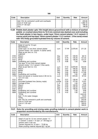 598

 Code        Description                                 Unit      Quantity     Rate       Amount

         Add 15% for contractor’s profit and overheads                                      255.68
         Cost of 10.00 sqm                                                                1,960.18
         Cost of 1.00 sqm                                                                   196.02
         Say                                                                                196.00

13.20 Pebble dash plaster upto 10m height above ground level with a mixture of washed
      pebble or crushed stone 6mm to 12.5 mm nominal size dashed over and including
      the fresh plaster in two layers, under layer 12mm cement plaster 1:4 (1 cement: 4
      coarse sand) and top layer 10mm cement plaster 1:3 (1 cement : 3 fine sand) mixed
      with 10% finely grounded hydrated lime by volume of cement.
Code        Description                                  Unit      Quantity     Rate      Amount
         Detail of cost for 10 sqm
         MATERIALS
         Under layer 12 mm thick cement plaster           cum        0.144    2,578.45    371.30
         Cement mortar 1:4(1 cement: 4 coarse sand).
         (Rate as per item no. 3.9)
         LABOUR
  0155   Mason                                            Day        0.67      146.55      98.19
  0114   Beldar                                           Day        0.75      135.25     101.44
  0101   Bhisti                                           Day        0.92      138.45     127.37
  9999   Scaffolding and sundries                         L.S        9.88        1.00       9.88
         Top layer 10 mm thick cement plaster
         Cement mortar 1:3 (1 cement: 3 fine sand).
         (Rate as per item no. 3.3)                       cum        0.12     2,870.00    344.40
  0155   Mason                                            Day        0.61       146.55     89.40
  0114   Beldar                                           Day        0.69       135.25     93.32
  0101   Bhisti                                           Day        0.85       138.45    117.68
  9999   Scaffolding and sundries                         L.S        9.88         1.00      9.88
  1179   Sand and gravel or crushed stone 2.36 mm to      cum        0.10       675.00     67.50
         12.5 mm size
  0101   Bhisti                                           Day        0.01      138.45        1.38
  0777   Grounded hydrated lime (factory made)           quintal     0.09      177.00       15.93
  9999   Carriage of lime                                 L.S        3.64        1.00        3.64
  0155   Mason                                            Day        0.50      146.55       73.28
  0114   Beldar                                           Day        0.50      135.25       67.62
  0101   Bhisti                                           Day        0.10      138.45       13.84
  9999   Scaffolding and sundries                         L.S        9.88        1.00        9.88
  9999   Scaffolding and sundries                         L.S        4.42        1.00        4.42
         TOTAL                                                                           1,620.35
         Add 1 % for water charges                                                          16.20
         TOTAL                                                                           1,636.55
         Add 15% for contractor’s profit and overheads                                     245.48
         Cost of 10.00 sqm                                                               1,882.03
         Cost of 1.00 sqm                                                                  188.20
         Say                                                                               188.20

13.21 Extra for providing and mixing water proofing material in cement plaster work in
      proportion recommended by the manufacturers.
Code        Description                                  Unit      Quantity     Rate      Amount

          Detail of cost for 12 mm cement plaster 1:3
          (1 Cement: 3 sand) = 10 sqm. or 1.48 bags of
          cement used in the mix
          Cement required for 10 sqm = 73.89 kg.
          Water proofing material required @ 1 kg per
 