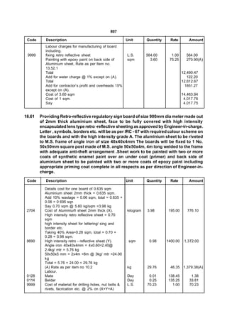 807

 Code      Description                                       Unit       Quantity     Rate        Amount
           Labour charges for manufacturing of board
           including.
 9999      fixing retro reflective sheet                     L.S.       564.00       1.00      564.00
           Painting with epoxy paint on back side of         sqm          3.60      75.25      270.90(A)
           Aluminium sheet, Rate as per Item no.
           13.52.1
           Total                                                                             12,490.47
           Add for water charge @ 1% except on (A).                                             122.20
           Total                                                                             12,612.67
           Add for contractor’s profit and overheads 15%                                       1851.27
           except on (A).
           Cost of 3.60 sqm                                                                  14,463.94
           Cost of 1 sqm.                                                                     4,017.76
           Say                                                                                4,017.75


16.61   Providing Retro-reflective regulatory sign board of size 900mm dia meter made out
        of 2mm thick aluminium sheet, face to be fully covered with high intensity
        encapsulated lens type retro -reflective sheeting as approved by Engineer-in-charge.
        Letter , symbols, borders etc. will be as per IRC - 67 with required colour scheme on
        the boards and with the high intensity grade A. The aluminium sheet to be riveted
        to M.S. frame of angle iron of stze 40x40x4mm The boards will be fixed to 1 No.
        50x50mm square post made of M.S. angle 50x50x4m, 4m long welded to the frame
        with adequate anti-theft arrangement .Sheet work to be painted with two or more
        coats of synthetic enamel paint over an under coat (primer) and back side of
        aluminium sheet to be painted with two or more coats of epoxy paint including
        appropriate priming coat complete in all respects as per direction of Engineer-in-
        charge.

 Code      Description                                       Unit       Quantity     Rate        Amount

          Details cost for one board of 0.635 sqm
          Aluminium sheet 2mm thick = 0.635 sqm.
          Add 10% wastage = 0.06 sqm, total = 0.635 +
          0.06 = 0 695 sqn
          Say 0.70 sqm @ 5.60 kg/sqm =3.98 kg
 2704     Cost of Alummiurfi sheet 2mm thick (X).            kilogram   3.98        195.00      776.10
          High intensity retro reflective sheet = 0.70
          sqm
          high intensity sheet for lettering/ sing and
          border etc.
          Taking 40% Area=0.28 sqm, total = 0.70 +
          0.28 = 0.98 sqm.
 8690     High intensity retro - reflective sheet (Y).        sqm        0.98      1400.00    1,372.00
          Angle iron 40x40x4mm = 4x0.60=2.40@
          2.4kg/ mtr = 5.76 kg
          50x50x5 mm = 2x4m =8m @ 3kg/ mtr =24.00
          kg
          Total = 5.76 + 24.00 = 29.76 kg
          (A) Rate as per item no 10.2                       kg         29.76        46.35    1,379.38(A)
          Labour.
 0128     Mate                                               Day         0.01       138.45        1.38
 0114     Beldar                                             Day         0.25       135.25       33.81
 9999     Cost of material for drilling holes, nut bolts &   L.S.       70.23         1.00       70.23
          rivets, facrication etc. @ 2% on (X+Y+A)
 
