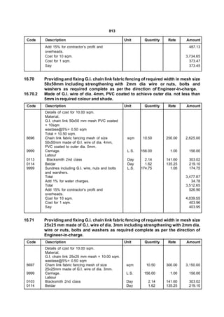 813

 Code     Description                                    Unit      Quantity    Rate    Amount
          Add 15% for contractor’s profit and                                           487.13
          overheads.
          Cost for 10 sqm.                                                             3,734.65
          Cost for 1 sqm.                                                                373.47
          Say                                                                            373.45


16.70     Providing and fixing G.I. chain link fabric fencing of required width in mesh size
          50x50mm including strengthening with 2mm dia wire or nuts, bolts and
          washers as required complete as per the direction of Engineer-in-charge.
16.70.2   Made of G.I. wire of dia. 4mm, PVC coated to achieve outer dia. not less than
          5mm in required colour and shade.
 Code     Description                                    Unit      Quantity    Rate    Amount
          Details of cost for 10.00 sqm.
          Material.
          G.I. chain link 50x50 mm mesh PVC coated
          = 10sqm
          wastase@5%= 0.50 sqm
          Total = 10.50 sqm.
 8696     Chain link fabric fancing mesh of size          sqm     10.50       250.00   2,625.00
          50x50mm made of G.I. wire of dia. 4mm,
          PVC coated to outer dia. 5mm.
 9999     Carriage.                                       L.S.   156.00         1.00    156.00
          Labour
 0113      Blacksmith 2nd class                           Day      2.14       141.60    303.02
 0114     Beldar                                          Day      1.62       135.25    219.10
 9999     Sundries including G.I. wire, nuts and bolts    L.S.   174.75         1.00    174.75
          and warshers.
          Total                                                                        3,477.87
          Add 1% for water charges.                                                       34.78
          Total                                                                        3,512.65
          Add 15% for contractor’s profit and                                            526.90
          overheads.
          Cost for 10 sqm.                                                             4,039.55
          Cost for 1 sqm.                                                                403.96
          Say                                                                            403.95


16.71     Providing and fixing G.I. chain link fabric fencing of required width in mesh size
          25x25 mm made of G.I. wire of dia. 3mm including strengthening with 2mm dia.
          wire or nuts, bolts and washers as required complete as per the direction of
          Engineer-in-charge.
 Code     Description                                    Unit      Quantity    Rate    Amount
          Details of cost for 10.00 sqm.
          Material.
          G.I. chain link 25x25 mm mesh = 10.00 sqm.
          wastase@5%= 0.50 sqm
 8697     Cham link fabric fancing mesh of size           sqm      10.50      300.00   3,150.00
          25x25mm made of G.I. wire of dia. 3mm.
 9999     Carriage.                                       L.S.    156.00        1.00    156.00
          Labour
 0103     Blacksmith 2nd class                            Day       2.14      141.60    303.02
 0114     Beldar                                          Day       1.62      135.25    219.10
 