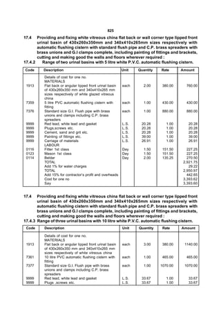 825
17.4   Providing and fixing white vitreous china flat back or wall corner type lipped front
       urinal basin of 430x260x350mm and 340x410x265mm sizes respectively with
       automatic flushing cistern with standard flush pipe and C.P. brass spreaders with
       brass unions and G.I clamps complete, including painting of fittings and brackets,
       cutting and making good the walls and floors wherever required :
17.4.2    Range of two urinal basins with 5 litre white P.V.C. automatic flushing cistern.
Code      Description                                      Unit   Quantity   Rate      Amount
          Details of cost for one no.
          MATERIALS
 1913     Flat back or angular lipped front urinal basin   each      2.00     380.00     760.00
          of 430x260x350 mm and 340x410x265 mm
          sizes respectively of white glazed vitreous
          china
 7359     5 litre PVC automatic flushing cistern with      each      1.00     430.00     430.00
          fitting
 7376     Standard size G.I. Flush pipe with brass         each      1.00     880.00     880.00
          unions and clamps including C.P. brass
          spreaders
 9999     Red lead, white lead and gasket                  L.S.    20.28        1.00      20.28
 9999     Plugs,screws etc.                                L.S.    20.28        1.00      20.28
 9999     Cement, sand and grit etc.                       L.S.    20.28        1.00      20.28
 9999     Painting of fittings etc.                        L.S.    39.00        1.00      39.00
 9999     Carriage of materials                            L.S.    26.91        1.00      26.91
          LABOUR
 0116     Fitter 1st class                                 Day       1.50     151.50      227.25
 0123     Mason 1st class                                  Day       1.50     151.50      227.25
 0114     Beldar                                           Day       2.00     135.25      270.50
          TOTAL                                                                         2,921.75
          Add 1% for water charges                                                         29.22
          TOTAL                                                                         2,950.97
          Add 15% for contractor’s profit and overheads                                   442.65
          Cost for one no                                                               3,393.62
          Say                                                                           3,393.60


17.4   Providing and fixing white vitreous china flat back or wall corner type lipped front
       urinal basin of 430x260x350mm and 340x410x265mm sizes respectively with
       automatic flushing cistern with standard flush pipe and C.P. brass spreaders with
       brass unions and G.I clamps complete, including painting of fittings and brackets,
       cutting and making good the walls and floors wherever required :
17.4.3 Range of three urinal basins with 10 litre white P.V.C. automatic flushing cistern.
 Code     Description                                      Unit   Quantity    Rate     Amount

          Details of cost for one no.
          MATERIALS
 1913     Flat back or angular lipped front urinal basin   each      3.00     380.00    1140.00
          of 430x260x350 mm and 340x410x265 mm
          sizes respectively of white vitreous china
 7361     10 litre PVC automatic flushing cistern with     each      1.00     465.00     465.00
          fitting
 7377     Standard size G.I. Flush pipe with brass         each      1.00    1070.00    1070.00
          unions and clamps including C.P. brass
          spreaders
 9999     Red lead, white lead and gasket                  L.S.    33.67        1.00      33.67
 9999     Plugs ,screws etc.                               L.S.    33.67        1.00      33.67
 