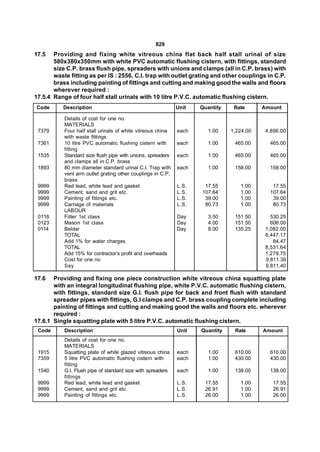 829
17.5   Providing and fixing white vitreous china flat back half stall urinal of size
       580x380x350mm with white PVC automatic flushing cistern, with fittings, standard
       size C.P. brass flush pipe, spreaders with unions and clamps (all in C.P. brass) with
       waste fitting as per IS : 2556, C.I. trap with outlet grating and other couplings in C.P.
       brass including painting of fittings and cutting and making good the walls and floors
       wherever required :  
17.5.4 Range of four half stall urinals with 10 litre P.V.C. automatic flushing cistern.
Code       Description                                       Unit   Quantity    Rate      Amount

           Details of cost for one no.
           MATERIALS
 7379      Four half stall urinals of white vitreous china   each      1.00    1,224.00    4,896.00
           with waste fittings
 7361      10 litre PVC automatic flushing cistern with      each      1.00     465.00      465.00
           fitting
 1535      Standard size flush pipe with unions, spreaders   each      1.00     465.00      465.00
           and clamps all in C.P. brass
 1893      80 mm diameter standard urinal C.I. Trap with     each      1.00     158.00      158.00
           vent arm outlet grating other couplings in C.P.
           brass
 9999      Red lead, white lead and gasket                   L.S.    17.55        1.00       17.55
 9999      Cement, sand and grit etc.                        L.S.   107.64        1.00      107.64
 9999      Painting of fittings etc.                         L.S.    39.00        1.00       39.00
 9999      Carriage of materials                             L.S.    80.73        1.00       80.73
           LABOUR
 0116      Fitter 1st class                                  Day       3.50     151.50       530.25
 0123      Mason 1st class                                   Day       4.00     151.50       606.00
 0114      Beldar                                            Day       8.00     135.25     1,082.00
           TOTAL                                                                           8,447.17
           Add 1% for water charges                                                           84.47
           TOTAL                                                                           8,531.64
           Add 15% for contractor’s profit and overheads                                   1,279.75
           Cost for one no                                                                 9,811.39
           Say                                                                             9,811.40

17.6   Providing and fixing one piece construction white vitreous china squatting plate
       with an integral longitudinal flushing pipe, white P.V.C. automatic flushing cistern,
       with fittings, standard size G.I. flush pipe for back and front flush with standard
       spreader pipes with fittings, G.I clamps and C.P. brass coupling complete including
       painting of fittings and cutting and making good the walls and floors etc. wherever
       required :
17.6.1 Single squatting plate with 5 litre P.V.C. automatic flushing cistern.
 Code      Description                                       Unit   Quantity    Rate      Amount
           Details of cost for one no.
           MATERIALS
 1915      Squatting plate of white glazed vitreous china    each      1.00     610.00      610.00
 7359      5 litre PVC automatic flushing cistern with       each      1.00     430.00      430.00
           fitting
 1540      G.I. Flush pipe of standard size with spreaders   each      1.00     138.00      138.00
           fittings
 9999      Red lead, white lead and gasket                   L.S.    17.55        1.00       17.55
 9999      Cement, sand and grit etc.                        L.S.    26.91        1.00       26.91
 9999      Painting of fittings etc.                         L.S.    26.00        1.00       26.00
 