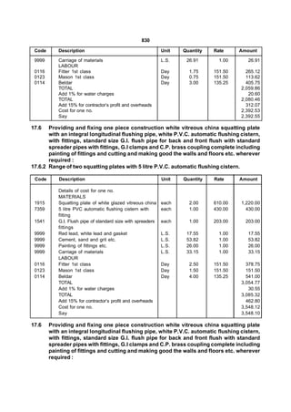 830

 Code      Description                                       Unit   Quantity   Rate     Amount

 9999      Carriage of materials                             L.S.    26.91       1.00      26.91
           LABOUR
 0116      Fitter 1st class                                  Day      1.75     151.50     265.12
 0123      Mason 1st class                                   Day      0.75     151.50     113.62
 0114      Beldar                                            Day      3.00     135.25     405.75
           TOTAL                                                                        2,059.86
           Add 1% for water charges                                                        20.60
           TOTAL                                                                        2,080.46
           Add 15% for contractor’s profit and overheads                                  312.07
           Cost for one no.                                                             2,392.53
           Say                                                                          2,392.55

17.6   Providing and fixing one piece construction white vitreous china squatting plate
       with an integral longitudinal flushing pipe, white P.V.C. automatic flushing cistern,
       with fittings, standard size G.I. flush pipe for back and front flush with standard
       spreader pipes with fittings, G.I clamps and C.P. brass coupling complete including
       painting of fittings and cutting and making good the walls and floors etc. wherever
       required :
17.6.2 Range of two squatting plates with 5 litre P.V.C. automatic flushing cistern.

 Code       Description                                      Unit   Quantity   Rate     Amount

           Details of cost for one no.
           MATERIALS
 1915      Squatting plate of white glazed vitreous china    each     2.00     610.00   1,220.00
 7359      5 litre PVC automatic flushing cistern with       each     1.00     430.00     430.00
           fitting
 1541      G.I. Flush pipe of standard size with spreaders   each     1.00     203.00     203.00
           fittings
 9999      Red lead, white lead and gasket                   L.S.    17.55       1.00      17.55
 9999      Cement, sand and grit etc.                        L.S.    53.82       1.00      53.82
 9999      Painting of fittings etc.                         L.S.    26.00       1.00      26.00
 9999      Carriage of materials                             L.S.    33.15       1.00      33.15
           LABOUR
 0116      Fitter 1st class                                  Day      2.50     151.50     378.75
 0123      Mason 1st class                                   Day      1.50     151.50     151.50
 0114      Beldar                                            Day      4.00     135.25     541.00
           TOTAL                                                                        3,054.77
           Add 1% for water charges                                                        30.55
           TOTAL                                                                        3,085.32
           Add 15% for contractor’s profit and overheads                                  462.80
           Cost for one no.                                                             3,548.12
           Say                                                                          3,548.10

17.6    Providing and fixing one piece construction white vitreous china squatting plate
        with an integral longitudinal flushing pipe, white P.V.C. automatic flushing cistern,
        with fittings, standard size G.I. flush pipe for back and front flush with standard
        spreader pipes with fittings, G.I clamps and C.P. brass coupling complete including
        painting of fittings and cutting and making good the walls and floors etc. wherever
        required :
 