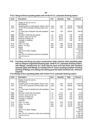831
17.6.3 Range of three squatting plates with 10 litre P.V.C. automatic flushing cistern.
Code      Description                                        Unit   Quantity   Rate     Amount

           Details of cost for one no.
           MATERIALS
 1915      Squatting plate of white glazed vitreous china    each      3.00    610.00    1,830.00
 7361      10 litre PVC automatic flushing cistern with      each      1.00    465.00      465.00
           fitting
 1542      G.I. Flush pipe of standard size with spreaders   each      1.00    255.00     255.00
           fittings
 9999      Red lead, white lead and gasket                   L.S.    17.55       1.00      17.55
 9999      Cement, sand and grit etc.                        L.S.    80.73       1.00      80.73
 9999      Painting of fittings etc.                         L.S.    26.00       1.00      26.00
 9999      Carriage of materials                             L.S.    42.12       1.00      42.12
           LABOUR
 0116      Fitter 1st class                                  Day       3.00    151.50      454.50
 0123      Mason 1st class                                   Day       1.50    151.50      227.25
 0114      Beldar                                            Day       5.00    135.25      676.25
           TOTAL                                                                         4,074.40
           Add 1% for water charges                                                         40.74
           TOTAL                                                                         4,115.14
           Add 15% for contractor’s profit and overheads                                   617.27
           Cost for one no.                                                              4,732.41
           Say                                                                           4,732.40

17.6   Providing and fixing one piece construction white vitreous china squatting plate
       with an integral longitudinal flushing pipe, white P.V.C. automatic flushing cistern,
       with fittings, standard size G.I. flush pipe for back and front flush with standard
       spreader pipes with fittings, G.I clamps and C.P. brass coupling complete including
       painting of fittings and cutting and making good the walls and floors etc. wherever
       required :
17.6.4 Range of four squatting plates with 10 litre P.V.C. automatic flushing cistern.
Code      Description                                        Unit   Quantity   Rate     Amount
           Details of cost for one no.
           MATERIALS
 1915      Squatting plate of white glazed vitreous china    each      4.00    610.00    2,440.00
 7361      10 litre PVC automatic flushing cistern with      each      1.00    465.00      465.00
           fitting
 1543      G.I. Flush pipe of standard size with spreaders   each      1.00    320.00     320.00
           fittings
 9999      Red lead, white lead and gasket                   L.S.    17.55       1.00      17.55
 9999      Cement, sand and grit etc.                        L.S.   107.64       1.00     107.64
 9999      Painting of fittings etc.                         L.S.    26.00       1.00      26.00
 9999      Carriage of materials                             L.S.    69.03       1.00      69.03
           LABOUR
 0116      Fitter 1st class                                  Day       3.50    151.50      530.25
 0123      Mason 1st class                                   Day       1.75    151.50      265.12
 0114      Beldar                                            Day       5.50    135.25      743.88
           TOTAL                                                                         4,984.47
           Add 1% for water charges                                                         49.84
           TOTAL                                                                         5,034.31
           Add 15% for contractor’s profit and overheads                                   755.15
           Cost for one no.                                                              5,789.46
           Say                                                                           5,789.45
 