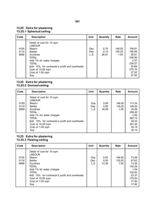 601

13.25 Extra for plastering
13.25.1 Spherical ceiling
Code      Description                                    Unit   Quantity   Rate     Amount

         Detail of cost for 10 sqm
         LABOUR
 0155    Mason                                           Day       0.75    146.55    109.91
 0114    Beldar                                          Day       0.74    135.25    100.08
 9999    Sundries                                        L.S      26.91      1.00     26.91
         TOTAL                                                                       236.90
         Add 1% for water charges                                                      2.37
         TOTAL                                                                       239.27
         Add 15% for contractor’s profit and overheads                                35.89
         Cost of 10.00 sqm                                                           275.16
         Cost of 1.00 sqm                                                             27.52
         Say                                                                          27.50

13.25 Extra for plastering
13.25.2 Groined ceiling

Code       Description                                   Unit   Quantity   Rate     Amount

         Detail of cost for 10 sqm
         LABOUR
 0155    Mason                                            Day      0.80    146.55    117.24
 0114    Beldar                                           Day      0.80    135.25    108.20
 9999    Sundries                                         L.S     34.06      1.00     34.06
         TOTAL                                                                       259.50
         Add 1% for water charges                                                      2.60
         TOTAL                                                                       262.10
         Add 15% for contractor’s profit and overheads                                39.32
         Cost of 10.00 sqm                                                           301.42
         Cost of 1.00 sqm                                                             30.14
         Say                                                                          30.15

13.25 Extra for plastering
13.25.3 Flewing ceiling

Code      Description                                    Unit   Quantity   Rate     Amount

         Detail of cost for 10 sqm
         LABOUR
 0155    Mason                                            Day      0.50    146.55     73.28
 0114    Beldar                                           Day      0.50    135.25     67.62
 9999    Sundries                                         L.S     13.39      1.00     13.39
         TOTAL                                                                       154.29
         Add 1% for water charges                                                      1.54
         TOTAL                                                                       155.83
         Add 15% for contractor’s profit and overheads                                23.37
         Cost of 10.00 sqm                                                           179.20
         Cost of 1.00 sqm                                                             17.92
         Say                                                                          17.90
 