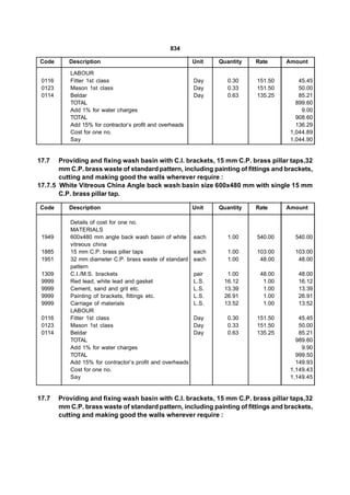 834

Code       Description                                      Unit   Quantity   Rate     Amount

            LABOUR
 0116       Fitter 1st class                                Day       0.30    151.50       45.45
 0123       Mason 1st class                                 Day       0.33    151.50       50.00
 0114       Beldar                                          Day       0.63    135.25       85.21
            TOTAL                                                                         899.60
            Add 1% for water charges                                                        9.00
            TOTAL                                                                         908.60
            Add 15% for contractor’s profit and overheads                                 136.29
            Cost for one no.                                                            1,044.89
            Say                                                                         1,044.90


17.7   Providing and fixing wash basin with C.I. brackets, 15 mm C.P. brass pillar taps,32
       mm C.P. brass waste of standard pattern, including painting of fittings and brackets,
       cutting and making good the walls wherever require :
17.7.5 White Vitreous China Angle back wash basin size 600x480 mm with single 15 mm
       C.P. brass pillar tap.

Code       Description                                      Unit   Quantity   Rate     Amount

            Details of cost for one no.
            MATERIALS
 1949       600x480 mm angle back wash basin of white       each      1.00    540.00     540.00
            vitreous china
 1885       15 mm C.P. brass piller taps                    each      1.00    103.00     103.00
 1951       32 mm diameter C.P. brass waste of standard     each      1.00     48.00      48.00
            pattern
 1309       C.I./M.S. brackets                              pair     1.00      48.00      48.00
 9999       Red lead, white lead and gasket                 L.S.    16.12       1.00      16.12
 9999       Cement, sand and grit etc.                      L.S.    13.39       1.00      13.39
 9999       Painting of brackets, fittings etc.             L.S.    26.91       1.00      26.91
 9999       Carriage of materials                           L.S.    13.52       1.00      13.52
            LABOUR
 0116       Fitter 1st class                                Day       0.30    151.50       45.45
 0123       Mason 1st class                                 Day       0.33    151.50       50.00
 0114       Beldar                                          Day       0.63    135.25       85.21
            TOTAL                                                                         989.60
            Add 1% for water charges                                                        9.90
            TOTAL                                                                         999.50
            Add 15% for contractor’s profit and overheads                                 149.93
            Cost for one no.                                                            1,149.43
            Say                                                                         1,149.45


17.7    Providing and fixing wash basin with C.I. brackets, 15 mm C.P. brass pillar taps,32
        mm C.P. brass waste of standard pattern, including painting of fittings and brackets,
        cutting and making good the walls wherever require :
 