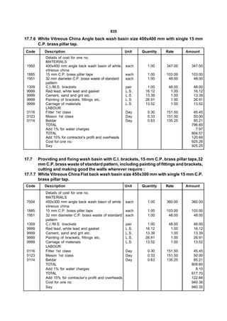 835
17.7.6 White Vitreous China Angle back wash basin size 400x400 mm with single 15 mm
       C.P. brass pillar tap.
Code      Description                                      Unit   Quantity   Rate     Amount
           Details of cost for one no.
           MATERIALS
 1950      400x400 mm angle back wash basin of white       each      1.00    347.00     347.00
           vitreous china
 1885      15 mm C.P. brass piller taps                    each      1.00    103.00     103.00
 1951      32 mm diameter C.P. brass waste of standard     each      1.00     48.00      48.00
           pattern
 1309      C.I./M.S. brackets                              pair     1.00      48.00      48.00
 9999      Red lead, white lead and gasket                 L.S.    16.12       1.00      16.12
 9999      Cement, sand and grit etc.                      L.S.    13.39       1.00      13.39
 9999      Painting of brackets, fittings etc.             L.S.    26.91       1.00      26.91
 9999      Carriage of materials                           L.S.    13.52       1.00      13.52
           LABOUR
 0116      Fitter 1st class                                Day       0.30    151.50      45.45
 0123      Mason 1st class                                 Day       0.33    151.50      50.00
 0114      Beldar                                          Day       0.63    135.25      85.21
           TOTAL                                                                        796.60
           Add 1% for water charges                                                       7.97
           TOTAL                                                                        804.57
           Add 15% for contractor’s profit and overheads                                120.69
           Cost for one no.                                                             925.26
           Say                                                                          925.25


17.7   Providing and fixing wash basin with C.I. brackets, 15 mm C.P. brass pillar taps,32
       mm C.P. brass waste of standard pattern, including painting of fittings and brackets,
       cutting and making good the walls wherever require :
17.7.7 White Vitreous China Flat back wash basin size 450x300 mm with single 15 mm C.P.
       brass pillar tap.
Code      Description                                      Unit   Quantity   Rate     Amount
           Details of cost for one no.
           MATERIALS                                        
 7004      450x300 mm angle back wash basin of white       each      1.00    360.00     360.00
           vitreous china
 1885      15 mm C.P. brass piller taps                    each      1.00    103.00     103.00
 1951      32 mm diameter C.P. brass waste of standard     each      1.00     48.00      48.00
           pattern
 1309      C.I./M.S. brackets                              pair     1.00      48.00      48.00
 9999      Red lead, white lead and gasket                 L.S.    16.12       1.00      16.12
 9999      Cement, sand and grit etc.                      L.S.    13.39       1.00      13.39
 9999      Painting of brackets, fittings etc.             L.S.    26.91       1.00      26.91
 9999      Carriage of materials                           L.S.    13.52       1.00      13.52
           LABOUR
 0116      Fitter 1st class                                Day       0.30    151.50      45.45
 0123      Mason 1st class                                 Day       0.33    151.50      50.00
 0114      Beldar                                          Day       0.63    135.25      85.21
           TOTAL                                                                        809.60
           Add 1% for water charges                                                       8.10
           TOTAL                                                                        817.70
           Add 15% for contractor’s profit and overheads                                122.66
           Cost for one no                                                              940.36
           Say                                                                          940.35
 