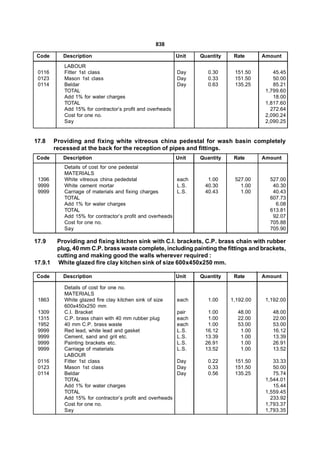 838

Code        Description                                     Unit   Quantity    Rate      Amount
            LABOUR
 0116       Fitter 1st class                                Day       0.30     151.50        45.45
 0123       Mason 1st class                                 Day       0.33     151.50        50.00
 0114       Beldar                                          Day       0.63     135.25        85.21
            TOTAL                                                                         1,799.60
            Add 1% for water charges                                                         18.00
            TOTAL                                                                         1,817.60
            Add 15% for contractor’s profit and overheads                                   272.64
            Cost for one no.                                                              2,090.24
            Say                                                                           2,090.25


17.8     Providing and fixing white vitreous china pedestal for wash basin completely
         recessed at the back for the reception of pipes and fittings.
Code        Description                                     Unit   Quantity    Rate      Amount
            Details of cost for one pedestal
            MATERIALS
 1396       White vitreous china pededstal                each       1.00      527.00      527.00
 9999       White cement mortar                           L.S.      40.30        1.00       40.30
 9999       Carriage of materials and fixing charges      L.S.      40.43        1.00       40.43
            TOTAL                                                                          607.73
            Add 1% for water charges                                                         6.08
            TOTAL                                                                          613.81
            Add 15% for contractor’s profit and overheads                                   92.07
            Cost for one no.                                                               705.88
            Say                                                                            705.90

17.9      Providing and fixing kitchen sink with C.I. brackets, C.P. brass chain with rubber
          plug, 40 mm C.P. brass waste complete, including painting the fittings and brackets,
          cutting and making good the walls wherever required :
17.9.1    White glazed fire clay kitchen sink of size 600x450x250 mm.

Code        Description                                     Unit   Quantity    Rate      Amount

            Details of cost for one no.
            MATERIALS
 1863       White glazed fire clay kitchen sink of size     each      1.00    1,192.00    1,192.00
            600x450x250 mm
 1309       C.I. Bracket                                    pair     1.00       48.00       48.00
 1315       C.P. brass chain with 40 mm rubber plug         each     1.00       22.00       22.00
 1952       40 mm C.P. brass waste                          each     1.00       53.00       53.00
 9999       Red lead, white lead and gasket                 L.S.    16.12        1.00       16.12
 9999       Cement, sand and grit etc.                      L.S.    13.39        1.00       13.39
 9999       Painting brackets etc.                          L.S.    26.91        1.00       26.91
 9999       Carriage of materials                           L.S.    13.52        1.00       13.52
            LABOUR
 0116       Fitter 1st class                                Day       0.22     151.50        33.33
 0123       Mason 1st class                                 Day       0.33     151.50        50.00
 0114       Beldar                                          Day       0.56     135.25        75.74
            TOTAL                                                                         1,544.01
            Add 1% for water charges                                                         15.44
            TOTAL                                                                         1,559.45
            Add 15% for contractor’s profit and overheads                                   233.92
            Cost for one no.                                                              1,793.37
            Say                                                                           1,793.35
 