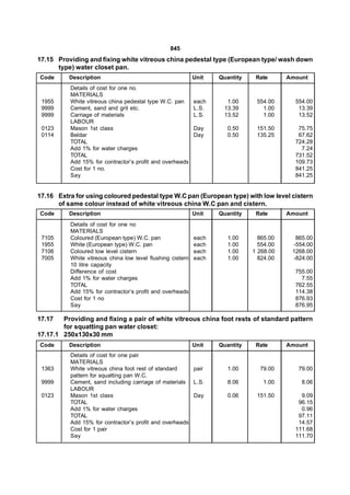 845
17.15 Providing and fixing white vitreous china pedestal type (European type/ wash down
      type) water closet pan.
Code      Description                                       Unit   Quantity    Rate      Amount
          Details of cost for one no.
          MATERIALS
 1955     White vitreous china pedestal type W.C. pan       each     1.00      554.00      554.00
 9999     Cement, sand and grit etc.                        L.S.    13.39        1.00       13.39
 9999     Carriage of materials                             L.S.    13.52        1.00       13.52
          LABOUR
 0123     Mason 1st class                                   Day       0.50     151.50       75.75
 0114     Beldar                                            Day       0.50     135.25       67.62
          TOTAL                                                                            724.28
          Add 1% for water charges                                                           7.24
          TOTAL                                                                            731.52
          Add 15% for contractor’s profit and overheads                                    109.73
          Cost for 1 no.                                                                   841.25
          Say                                                                              841.25


17.16 Extra for using coloured pedestal type W.C pan (European type) with low level cistern
      of same colour instead of white vitreous china W.C pan and cistern.
Code      Description                                       Unit   Quantity    Rate      Amount
          Details of cost for one no
          MATERIALS
 7105     Coloured (European type) W.C. pan                 each      1.00      865.00     865.00
 1955     White (European type) W.C. pan                    each      1.00      554.00    -554.00
 7106     Coloured low level cistern                        each      1.00    1 268.00    1268.00
 7005     White vitreous china low level flushing cistern   each      1.00      824.00    -824.00
          10 litre capacity
          Difference of cost                                                               755.00
          Add 1% for water charges                                                           7.55
          TOTAL                                                                            762.55
          Add 15% for contractor’s profit and overheads                                    114.38
          Cost for 1 no                                                                    876.93
          Say                                                                              876.95

17.17   Providing and fixing a pair of white vitreous china foot rests of standard pattern
        for squatting pan water closet:
17.17.1 250x130x30 mm
Code      Description                                       Unit   Quantity    Rate      Amount
          Details of cost for one pair
          MATERIALS
 1363     White vitreous china foot rest of standard    pair          1.00      79.00       79.00
          pattern for squatting pan W.C.
 9999     Cement, sand including carriage of materials L.S.           8.06       1.00        8.06
          LABOUR
 0123     Mason 1st class                               Day           0.06     151.50        9.09
          TOTAL                                                                             96.15
          Add 1% for water charges                                                           0.96
          TOTAL                                                                             97.11
          Add 15% for contractor’s profit and overheads                                     14.57
          Cost for 1 pair                                                                  111.68
          Say                                                                              111.70
 