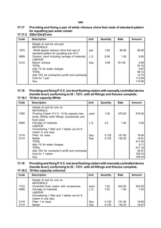 846
17.17   Providing and fixing a pair of white vitreous china foot rests of standard pattern
        for squatting pan water closet:
17.17.2 250x125x25 mm
Code      Description                                       Unit   Quantity   Rate     Amount
           Details of cost for one pair
           MATERIALS
 1970       White glazed vitreous china foot rest of     pair         1.00     80.00      80.00
           standard pattern for squatting pan W.C.
 9999      Cement, sand including carriage of materials L.S.          8.06      1.00       8.06
           LABOUR
 0123      Mason lstclass                                Day          0.06    151.50       9.09
           TOTAL                                                                          97.15
           Add 1% for water charges                                                        0.97
           TOTAL                                                                          98.12
           Add 15% for contractor’s profit and overheads                                  14.72
           Cost for 1 pair                                                               112.84
           Say                                                                           112.85


17.18   Providing and fixing P.V.C. low level flushing cistern with manually controlled device
        (handle lever) conforming to IS : 7231, with all fittings and fixtures complete.
17.18.1 10 litre capacity-White
Code      Description                                       Unit   Quantity   Rate     Amount
           Details of cost for one no
           MATERIALS
 7358      Flushing Cistern P.V.C. 10 Its capacity (low     each      1.00    570.00     570.00
           level) (White) (with fittings, accessories and
           flush pipe)
 9999      Carriage of materials                            L.S.      5.2       1.00       5.20
           LABOUR
           (Considering 1 fitter and 1 beldar can fix 8
           cistern in one day)
 0116      Fitter 1st class                                 Day       0.125   151.50      18.94
 0114      Beldar                                           Day       0.125   135.25      16.91
           TOTAL                                                                         611.05
           Add 1% for water charges                                                        6.11
           TOTAL                                                                         617.16
           Add 15% for contractor’s profit and overheads                                  92.57
           Cost for 1 cistern                                                            709.73
           Say                                                                           709.75

17.18   Providing and fixing P.V.C. low level flushing cistern with manually controlled device
        (handle lever) conforming to IS : 7231, with all fittings and fixtures complete.
17.18.2 10 litre capacity-coloured
Code      Description                                       Unit   Quantity   Rate     Amount
           Details of cost for one no
           MATERIALS
 7123      Controlled flush cistern with accessories        each      1.00    632.00     632.00
 9999      Carriage of materials                            L.S.      7.02      1.00       7.02
           LABOUR
           (Considering 1 fitter and 1 beldar can fix 8
           cistern in one day)
 0116      Fitter 1 st class                                Day       0.125   151.50      18.94
 0114      Beldar                                           Day       0.125   135.25      16.91
 