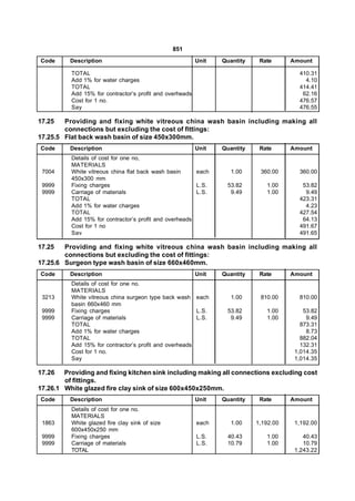 851
Code      Description                                     Unit   Quantity    Rate      Amount

          TOTAL                                                                          410.31
          Add 1% for water charges                                                         4.10
          TOTAL                                                                          414.41
          Add 15% for contractor’s profit and overheads                                   62.16
          Cost for 1 no.                                                                 476.57
          Say                                                                            476.55

17.25   Providing and fixing white vitreous china wash basin including making all
        connections but excluding the cost of fittings:
17.25.5 Flat back wash basin of size 450x300mm.
Code      Description                                     Unit   Quantity    Rate      Amount
          Details of cost for one no,
          MATERIALS
 7004     White vitreous china flat back wash basin     each        1.00     360.00      360.00
          450x300 mm
 9999     Fixing charges                                L.S.      53.82        1.00       53.82
 9999     Carriage of materials                         L.S.       9.49        1.00        9.49
          TOTAL                                                                          423.31
          Add 1% for water charges                                                         4.23
          TOTAL                                                                          427.54
          Add 15% for contractor’s profit and overheads                                   64.13
          Cost for 1 no                                                                  491.67
          Sav                                                                            491.65

17.25   Providing and fixing white vitreous china wash basin including making all
        connections but excluding the cost of fittings:
17.25.6 Surgeon type wash basin of size 660x460mm.
Code      Description                                     Unit   Quantity    Rate      Amount
          Details of cost for one no.
          MATERIALS
 3213     White vitreous china surgeon type back wash each          1.00     810.00      810.00
          basin 660x460 mm
 9999     Fixing charges                                L.S.      53.82        1.00        53.82
 9999     Carriage of materials                         L.S.       9.49        1.00         9.49
          TOTAL                                                                           873.31
          Add 1% for water charges                                                          8.73
          TOTAL                                                                           882.04
          Add 15% for contractor’s profit and overheads                                   132.31
          Cost for 1 no.                                                                1,014.35
          Say                                                                           1,014.35

17.26   Providing and fixing kitchen sink including making all connections excluding cost
        of fittings.
17.26.1 White glazed fire clay sink of size 600x450x250mm.
Code      Description                                     Unit   Quantity    Rate      Amount
          Details of cost for one no.
          MATERIALS
 1863     White glazed fire clay sink of size             each      1.00    1,192.00    1,192.00
          600x450x250 mm
 9999     Fixing charges                                  L.S.    40.43        1.00        40.43
 9999     Carriage of materials                           L.S.    10.79        1.00        10.79
          TOTAL                                                                         1,243.22
 