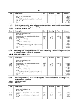 852

Code      Description                                     Unit   Quantity    Rate      Amount

          Add 1% for water charges                                                         12.43
          TOTAL                                                                         1,255.65
          Add 15% for contractor’s profit and overheads                                   188.35
          Cost for 1 no.                                                                1,444.00
          Say                                                                           1,444.00

17.27     Providing and fixing white vitreous china laboratory sink including making all
          connections excluding cost of fittings:
17.27.1   Size 450x300x150 mm.
Code      Description                                     Unit   Quantity    Rate      Amount
          Details of cost for one no.
          MATERIALS
 1871     Laboratory sink of size 450x300x150 mm        each       1.00      664.00      664.00
 9999     Fixing charges                                L.S.      40.43        1.00       40.43
 9999     Carriage of materials                         L.S.      10.79        1.00       10.79
          TOTAL                                                                          715.22
          Add 1% for water charges                                                         7.15
          TOTAL                                                                          722.37
          Add 15% for contractor’s profit and overheads                                  108.36
          Cost for 1 no.                                                                 830.73
          Say                                                                            830.75

17.27   Providing and fixing white vitreous china laboratory sink including making all
        connections excluding cost of fittings:
17.27.2 Size 600x450x200 mm.

Code      Description                                     Unit   Quantity    Rate      Amount
          Details of cost for one no.
          MATERIALS
 1872     Laboratory sink of size 600x450x200 mm          each     1.00     1,400.00    1,400.00
 9999     Fixing charges                                  L.S.    40.43         1.00       40.43
 9999     Carriage of materials                           L.S.    10.79         1.00       10.79
          TOTAL                                                                         1,451.22
          Add 1% for water charges                                                         14.51
          TOTAL                                                                         1,465.73
          Add 15% for contractor’s profit and overheads                                   219.86
          Cost for 1 no.                                                                1,685.59
          Say                                                                           1,685.60

17.28     Providing and fixing P.V.C. waste pipe for sink or wash basin including P.V.C.
          waste fittings complete.
17.28.1 Semi rigid pipe
17.28.1.1 32mmdia

Code      Description                                     Unit   Quantity    Rate      Amount

          Details of cost for one no.
          MATERIALS
 7117     Semi rigid P.V.C. waste pipe with waste         each      1.00      16.00       16.00
          fittings
 9999     Carriage of materials and fixing charges        L.S.    20.28        1.00       20.28
          TOTAL                                                                           36.28
 