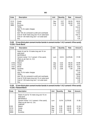 603


Code       Description                                    Unit     Quantity      Rate     Amount

 0115    Coolie                                            Day        0.27       135.25    36.52
 0101    Bhisti                                            Day        0.05       138.45     6.92
 9999    Sundries                                          L.S        1.43         1.00     1.43
         TOTAL                                                                            116.34
         Add 1% for water charges                                                           1.16
         TOTAL                                                                            117.50
         Add 15% for contractor’s profit and overheads                                     17.62
         Cost of 10.00 metre long and 10 cm wide band                                     135.12
         Cost of 1.00 metre long and 1 cm wide band                                         1.35
         Say                                                                                1.35

13.28 12 mm thick plain cement mortar bands in cement mortar 1:4 (1 cement: 4 fine sand):
13.28.2 Sunk Band

Code       Description                                    Unit     Quantity       Rate    Amount

         Detail of cost for 10 metre long and 10 cm
         wide band
         MATERIALS
         Cement mortar 1:4 (1 cement: 4 fine sand).        cum       0.014     2,278.85    31.90
         (Rate as per item no. 3.4)
         LABOUR
  0155   Mason                                             Day       0.30        146.55    43.96
  0115   Coolie                                            Day       0.30        135.25    40.57
  0101   Bhisti                                            Day       0.05        138.45     6.92
  9999   Sundries                                          L.S       2.08          1.00     2.08
         TOTAL                                                                            125.43
         Add 1% for water charges                                                           1.25
         TOTAL                                                                            126.68
         Add 15% for contractor’s profit and overheads                                     19.00
         Cost of 10.00 metre long and 10 cm wide band                                     145.68
         Cost of 1.00 metre long and 1 cm wide band                                         1.46
         Say                                                                                1.45

13.28 12 mm thick plain cement mortar bands in cement mortar 1:4 (1 cement: 4 fine sand):
13.28.3 Raised Band

Code      Description                                    Unit    Quantity        Rate     Amount

          Detail of cost for 10 metre long and 10 cm
          wide band
          MATERIALS
          Cement mortar 1:4 (1 cement: 4 fine sand).     cum        0.014     2,278.85      31.90
          (Rate as per item no. 3.4)
          LABOUR
0155      Mason                                          Day        0.35       146.55       51.29
0115      Coolie                                         Day        0.35       135.25       47.34
0101      Bhisti                                         Day        0.05       138.45        6.92
9999      Sundries                                       L.S        2.73         1.00        2.73
 