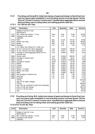 861
17.37      Providing and fixing M.S. holder-bat clamps of approved design to Sand Cast iron/
           cast iron (spun) pipe embedded in and including cement concrete blocks 10x10x
           10cm of 1:2:4 mix (1 cement: 2 coarse sand : 4 graded stone aggregate 20mm nominal
           size) including cost of cutting holes and making good the walls etc. :
17.37.1    For 100 mm dia. Pipe

 Code        Description                                  Unit    Quantity    Rate      Amount
          Details of cost for 5 nos.
          MATERIALS
 1331     M.S. holder bat clamps = 5 nos.                 each     5.00        13.00       65.00
 9999     Carriage of bat clamps                          L.S.     2.47         1.00        2.47
          LABOUR
 0116     Fitter                                          Day      0.125      151.50       18.94
 0124     Mason 2nd class                                 Day      0.75       141.60      106.20
 0114     Beldar                                          Day      0.50       135.25       67.62
 9999     Sundries                                        L.S.     7.15         1.00        7.15
          C.C. Block 5x0.10x0x0.10= 0.005 cum
 0295     20 mm nominal size stone aggregate              cum      0.0033     700.00        2.31
 0297     10 mm nominal size stone aggregate              cum      0.0011     700.00        0.77
 2202     Carriage of stone aggregate below 40 mm         cum      0.0044      53.21        0.23
          nominal size
 0982     Coarse sand                                     cum      0.0022      600.00       1.32
 2203     Carriage of coarse sand                         cum      0.0022       53.21       0.12
 0367     Cement                                          tonne    0.0016    4,500.00       7.20
 2209     Carriage of cement                              tonne    0.0016       47.29       0.08
 0114     Beldar                                          Day      0.0045      135.25       0.61
 0115     Coolies                                         Day      0.0032      135.25       0.43
 0101     Bhishti                                         Day      0.0014      138.45       0.19
 0123     Mason 1 st class                                Day      0.0003      151.50       0.05
 0124     Mason 2nd class                                 Day      0.0003      141.60       0.04
 0128     Mate                                            Day      0.0002      138.45       0.03
 9999     Hire charges of machine etc.                    L.S.     0.26          1.00       0.26
 9999     Sundries                                        L.S.     0.13          1.00       0.13
 9999     Sundries                                        L.S.     0.13          1.00       0.13
          TOTAL                                                                           281.28
          Add 1% for water charges                                                          2.81
          TOTAL                                                                           284.09
          Add 15% for contractor’s profit and overheads                                    42.61
          Cost of 5.00 bat clamps                                                         326.70
          Cost of 1.00 bat clamp                                                           65.34
          Say                                                                              65.35


17.37   Providing and fixing M.S. holder-bat clamps of approved design to Sand Cast iron/
        cast iron (spun) pipe embedded in and including cement concrete blocks 10x10x
        10cm of 1:2:4 mix (1 cement: 2 coarse sand : 4 graded stone aggregate 20mm nominal
        size) including cost of cutting holes and making good the walls etc. :
17.37.2 For 75 mm dia. Pipe

 Code        Description                                  Unit    Quantity    Rate      Amount

          Details of cost for 5 nos.
          MATERIALS
 1332     M.S. holder bat clamps = 5 nos.                 each     5.00        11.00       55.00
 9999     Carriage of bat clamps                          L.S.     2.47         1.00        2.47
          LABOUR
 