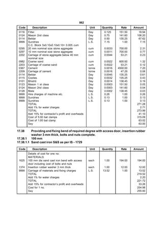 862
 Code      Description                                   Unit   Quantity     Rate    Amount
 0116   Fitter                                          Day      0.125      151.50      18.94
 0124   Mason 2nd class                                 Day      0.75       141.60     106.20
 0114   Beldar                                          Day      0.50       135.25      67.62
 9999   Sundries                                        L.S.     7.15         1.00       7.15
        C.C. Block 5x0.10x0.10x0.10= 0.005 cum
 0295   20 mm nominal size stone aggregate              cum      0.0033     700.00       2.31
 0297   10 mm nominal size stone aggregate              cum      0.0011     700.00       0.77
 2202   Carriage of stone aggregate below 40 mm         cum      0.0044      53.21       0.23
        nominal size
 0982   Coarse sand                                     cum      0.0022     600.00       1.32
 2203   Carriage of coarse sand                         cum      0.0022      53.21       0.12
 0367   Cement                                          tonne    0.0016    4500.00       7.20
 2209   Carriage of cement                              tonne    0.0016      47.29       0.08
 0114   Beldar                                          Day      0.0045     135.25       0.61
 0115   Coolies                                         Day      0.0032     135.25       0.43
 0101   Bhishti                                         Day      0.0014     138.45       0.19
 0123   Mason 1 st class                                Day      0.0003     151.50       0.05
 0124   Mason 2nd class                                 Day      0.0003     141.60       0.04
 0128   Mate                                            Day      0.0002     138.45       0.03
 9999   Hire charges of machine etc.                    L.S.     0.26         1.00       0.26
 9999   Sundries                                        L.S.     0.13         1.00       0.13
 9999   Sundries                                        L.S.     0.13         1.00       0.13
        TOTAL                                                                          271.28
        Add 1% for water charges                                                         2.71
        TOTAL                                                                          273.99
        Add 15% for contractor’s profit and overheads                                   41.10
        Cost of 5.00 bat clamps                                                        315.09
        Cost of 1.00 bat clamp                                                          63.02
        Say                                                                             63.00

17.38     Providing and fixing bend of required degree with access door, insertion rubber
          washer 3 mm thick, bolts and nuts complete.
17.38.1 100 mm
17.38.1.1 Sand cast iron S&S as per IS - 1729

 Code      Description                                   Unit   Quantity     Rate    Amount
        Details of cost for one no.
        MATERIALS
 1625   100 mm dia sand cast iron bend with access      each     1.00       194.00     194.00
        door including cost of bolts and nuts
 1374   Insertion rubber washer 3 mm thick              each     1.00        12.00      12.00
 9999   Carriage of materials and fixing charges        L.S.    13.52         1.00      13.52
        TOTAL                                                                          219.52
        Add 1% for water charges                                                         2.20
        TOTAL                                                                          221.72
        Add 15% for contractor’s profit and overheads                                   33.26
        Cost for 1 no.                                                                 254.98
        Say                                                                            255.00
 