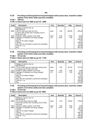 863
17.38     Providing and fixing bend of required degree with access door, insertion rubber
          washer 3 mm thick, bolts and nuts complete.
17.38.1 100 mm
17.38.1.2 Sand cast iron S&S as per IS - 3989

 Code      Description                                  Unit   Quantity    Rate    Amount
        Details of cost for one no.
        MATERIALS
 3624   100 mm dia sand cast iron S &                   each    1.00      225.00     225.00
        S bend with access door including cost of
        bolts and nuts
 1374   Insertion rubber washer 3 mm thick              each    1.00       12.00      12.00
 9999   Carriage of materials and fixing charges        L.S.   13.52        1.00      13.52
        TOTAL                                                                        250.52
        Add 1% for water charges                                                       2.51
        TOTAL                                                                        253.03
        Add 15% for contractor’s profit and overheads                                 37.95
        Cost for 1 no.                                                               290.98
        Say                                                                          291.00

17.38     Providing and fixing bend of required degree with access door, insertion rubber
          washer 3 mm thick, bolts and nuts complete.
17.38.2 75 mm dia
17.38.2.1 Sand cast iron S&S as per IS - 1729

 Code      Description                                  Unit   Quantity    Rate    Amount
        Details of cost for one no.
        MATERIALS
 1624   75 mm sand cast iron bend with access door      each    1.00      161.00     161.00
        including cost of bolts and nuts
 1373   Insertion rubber washer 3 mm thick              each    1.00        9.00       9.00
 9999   Carriage of materials and fixing charges        L.S.   10.79        1.00      10.79
        TOTAL                                                                        180.79
        Add 1% for water charges                                                       1.81
        TOTAL                                                                        182.60
        Add 15% for contractor’s profit and overheads                                 27.39
        Cost for 1 no.                                                               209.99
        Say                                                                          210.00

17.38     Providing and fixing bend of required degree with access door, insertion rubber
          washer 3 mm thick, bolts and nuts complete.
17.38.2 75 mm dia
17.38.2.2 Sand cast iron S&S as per IS- 3989

 Code      Description                                  Unit   Quantity    Rate    Amount
        Details of cost for one no.
        MATERIALS
 3625   75 mm dia send cast iron S&S                    each    1.00      179.00     179.00
        bend with access door including cost of bolts
        and nuts
 1373   Insertion rubber washer 3 mm thick              each    1.00        9.00       9.00
 9999   Carriage of materials and fixing charges        L.S.   10.79        1.00      10.79
        TOTAL                                                                        198.79
        Add 1% for water charges                                                       1.99
        TOTAL                                                                        200.78
        Add 15% for contractor’s profit and overheads                                 30.12
        Cost for 1 no.                                                               230.90
        Say                                                                          230.90
 