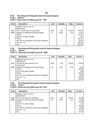 864
17.39     Providing and fixing plain bend of required degree.
17.39.1 100 mm
17.39.1.1 Sand cast iron S&S as per IS - 1729

 Code      Description                                  Unit   Quantity    Rate    Amount
        Details of cost for one no.
        MATERIALS
 1621   100 mm sand cast iron plain bend                each    1.00      178.00    178.00
 9999   Carriage of materials and fixing charges        L.S.   13.52        1.00     13.52
        TOTAL                                                                       191.52
        Add 1% for water charges                                                      1.92
        TOTAL                                                                       193.44
        Add 15% for contractor’s profit and overheads                                29.02
        Cost for 1 no.                                                              222.46
        Say                                                                         222.45

17.39     Providing and fixing plain bend of required degree.
17.39.1   100 mm
17.39.1.2 Sand cast iron S&S as per IS : 3989

 Code      Description                                  Unit   Quantity   Rate     Amount
        Details of cost for one no.
        MATERIALS
 3628   100 mm dia sand cast iron S &                   each    1.00      190.00     190.00
        S plain bend
 9999   Carriage of materials and fixing charges        L.S.   13.52        1.00      13.52
        TOTAL                                                                        203.52
        Add 1% for water charges                                                       2.04
        TOTAL                                                                        205.56
        Add 15% for contractor’s profit and overheads                                 30.83
        Cost for 1 no.                                                               236.39
        Say                                                                          236.40

17.39     Providing and fixing plain bend of required degree.
17.39.2 75 mm
17.39.2.1 Sand cast iron S&S as per IS -1729

 Code      Description                                  Unit   Quantity   Rate     Amount
        Details of cost for one no.
        MATERIALS
 1620   75 mm sand cast iron plain bend                 each    1.00      140.00     140.00
 9999   Carriage of materials and fixing charges        L.S.   10.79        1.00      10.79
        TOTAL                                                                        150.79
        Add 1% for water charges                                                       1.51
        TOTAL                                                                        152.30
        Add 15% for contractor’s profit and overheads                                 22.84
        Cost for 1 no.                                                               175.14
        Say                                                                          175.15
 