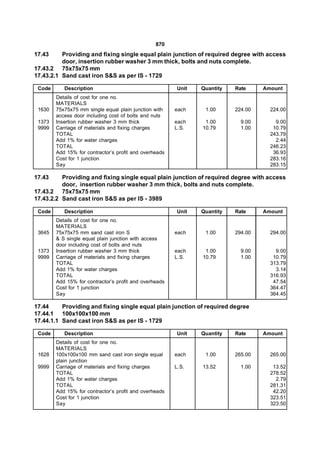 870
17.43     Providing and fixing single equal plain junction of required degree with access
          door, insertion rubber washer 3 mm thick, bolts and nuts complete.
17.43.2 75x75x75 mm
17.43.2.1 Sand cast iron S&S as per IS - 1729

 Code      Description                                  Unit   Quantity   Rate     Amount
        Details of cost for one no.
        MATERIALS
 1630   75x75x75 mm single equal plain junction with    each    1.00      224.00     224.00
        access door including cost of bolts and nuts
 1373   Insertion rubber washer 3 mm thick              each    1.00        9.00       9.00
 9999   Carriage of materials and fixing charges        L.S.   10.79        1.00      10.79
        TOTAL                                                                        243.79
        Add 1% for water charges                                                       2.44
        TOTAL                                                                        246.23
        Add 15% for contractor’s profit and overheads                                 36.93
        Cost for 1 junction                                                          283.16
        Say                                                                          283.15

17.43     Providing and fixing single equal plain junction of required degree with access
          door, insertion rubber washer 3 mm thick, bolts and nuts complete.
17.43.2 75x75x75 mm
17.43.2.2 Sand cast iron S&S as per IS - 3989

 Code      Description                                  Unit   Quantity   Rate     Amount
        Details of cost for one no.
        MATERIALS
 3645   75x75x75 mm sand cast iron S                    each    1.00      294.00     294.00
        & S single equal plain junction with access
        door including cost of bolts and nuts
 1373   Insertion rubber washer 3 mm thick              each    1.00        9.00       9.00
 9999   Carriage of materials and fixing charges        L.S.   10.79        1.00      10.79
        TOTAL                                                                        313.79
        Add 1% for water charges                                                       3.14
        TOTAL                                                                        316.93
        Add 15% for contractor’s profit and overheads                                 47.54
        Cost for 1 junction                                                          364.47
        Say                                                                          364.45

17.44     Providing and fixing single equal plain junction of required degree
17.44.1 100x100x100 mm
17.44.1.1 Sand cast iron S&S as per IS - 1729

 Code      Description                                  Unit   Quantity   Rate     Amount
        Details of cost for one no.
        MATERIALS
 1628   100x100x100 mm sand cast iron single equal      each    1.00      265.00     265.00
        plain junction
 9999   Carriage of materials and fixing charges        L.S.   13.52        1.00      13.52
        TOTAL                                                                        278.52
        Add 1% for water charges                                                       2.79
        TOTAL                                                                        281.31
        Add 15% for contractor’s profit and overheads                                 42.20
        Cost for 1 junction                                                          323.51
        Say                                                                          323.50
 