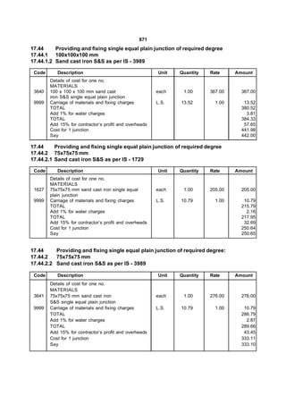 871
17.44     Providing and fixing single equal plain junction of required degree
17.44.1 100x100x100 mm
17.44.1.2 Sand cast iron S&S as per IS - 3989

 Code      Description                                  Unit   Quantity   Rate     Amount
        Details of cost for one no.
        MATERIALS
 3640   100 x 100 x 100 mm sand cast                    each    1.00      367.00     367.00
        iron S&S single equal plain junction
 9999   Carriage of materials and fixing charges        L.S.   13.52        1.00      13.52
        TOTAL                                                                        380.52
        Add 1% for water charges                                                       3.81
        TOTAL                                                                        384.33
        Add 15% for contractor’s profit and overheads                                 57.65
        Cost for 1 junction                                                          441.98
        Say                                                                          442.00

17.44     Providing and fixing single equal plain junction of required degree
17.44.2 75x75x75 mm
17.44.2.1 Sand cast iron S&S as per IS - 1729

 Code      Description                                  Unit   Quantity   Rate     Amount
        Details of cost for one no.
        MATERIALS
 1627   75x75x75 mm sand cast iron single equal         each    1.00      205.00     205.00
        plain junction
 9999   Carriage of materials and fixing charges        L.S.   10.79        1.00      10.79
        TOTAL                                                                        215.79
        Add 1% for water charges                                                       2.16
        TOTAL                                                                        217.95
        Add 15% for contractor’s profit and overheads                                 32.69
        Cost for 1 junction                                                          250.64
        Say                                                                          250.65


17.44     Providing and fixing single equal plain junction of required degree:
17.44.2   75x75x75 mm
17.44.2.2 Sand cast iron S&S as per IS - 3989

 Code      Description                                  Unit   Quantity   Rate     Amount
        Details of cost for one no.
        MATERIALS
 3641   75x75x75 mm sand cast iron                      each    1.00      276.00     276.00
        S&S single equal plain junction
 9999   Carriage of materials and fixing charges        L.S.   10.79        1.00      10.79
        TOTAL                                                                        286.79
        Add 1% for water charges                                                       2.87
        TOTAL                                                                        289.66
        Add 15% for contractor’s profit and overheads                                 43.45
        Cost for 1 junction                                                          333.11
        Say                                                                          333.10
 