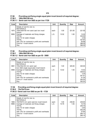 876
17.50     Providing and fixing single equal plain invert branch of required degree:
17.50.1   100x100x100 mm
17.50.1.1 Sand cast iron S&S as per iron 1729

 Code      Description                                  Unit   Quantity   Rate     Amount
        Details of cost for one no.
        MATERIALS
 1670   100X100X100 mm sand cast iron invert            each    1.00      321.00      321.00
        branch
 9999   Carriage of materials and fixing charges        L.S.   13.52        1.00       13.52
        TOTAL                                                                         334.52
        Add 1% for water charges                                                        3.35
        TOTAL                                                                         337.87
        Add 15% for contractor’s profit and overheads                                  50.68
        Cost for 1 invert branch                                                      388.55
        Say                                                                           388.55


17.50     Providing and fixing single equal plain invert branch of required degree:
17.50.1   100x100x100 mm
17.50.1.2 Sand cast iron S&S as per IS - 3989

 Code      Description                                  Unit   Quantity   Rate     Amount
        Details of cost for one no.
        MATERIALS
 3681   100x100x100 mm sand cast                        each    1.00      325.00      325.00
        iron S&S single equal plain invert branch
 9999   Carriage of materials and fixing charges        L.S.   13.52        1.00       13.52
        TOTAL                                                                         338.52
        Add 1% for water charges                                                        3.39
        TOTAL                                                                         341.91
        Add 15% for contractor’s profit and overheads                                  51.29
        Cost of 1 invert branch                                                       393.20
        Say                                                                           393.20


17.50     Providing and fixing single equal plain invert branch of required degree:
17.50.2 75x75x75 mm
17.50.2.1 Sand cast iron S&S as per IS - 1729

 Code      Description                                  Unit   Quantity   Rate     Amount
        Details of cost for one no.
        MATERIALS
 1669   75X75X75 mm sand cast-iron invert branch        each    1.00      239.00      239.00
 9999   Carriage of materials and fixing charges        L.S.   10.79        1.00       10.79
        TOTAL                                                                         249.79
        Add 1% for water charges                                                        2.50
        TOTAL                                                                         252.29
        Add 15% for contractor’s profit and overheads                                  37.84
        Cost for 1 invert branch                                                      290.13
        Say                                                                           290.15
 