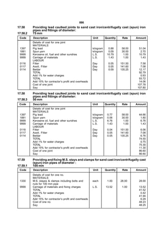 886
17.58     Providing lead caulked joints to sand cast iron/centrifugally cast (spun) iron
          pipes and fittings of diameter:
17.58.2   75 mm
 Code     Description                                     Unit       Quantity    Rate    Amount
          Details of cost for one joint
          MATERIALS
 1397     Pig lead                                        kilogram     0.88      58.00     51.04
 1881     Spun yarn                                       kilogram     0.09      30.00      2.70
 9999     Kerosene oil, fuel and other sundries           L.S.        10.79       1.00     10.79
 9999     Carriage of materials                           L.S.         1.43       1.00      1.43
          LABOUR
 0116     Fitter                                          Day          0.05     151.50      7.58
 0117     Asstt. Fitter                                   Day          0.05     141.60      7.08
 0114     Beldar                                          Day          0.09     135.25     12.17
          TOTAL                                                                            92.79
          Add 1% for water charges                                                          0.93
          TOTAL                                                                            93.72
          Add 15% for contractor’s profit and overheads                                    14.06
          Cost of one joint                                                               107.78
          Say                                                                             107.80

17.58     Providing lead caulked joints to sand cast iron/centrifugally cast (spun) iron
          pipes and fittings of diameter:
17.58.3   50 mm
 Code     Description                                     Unit       Quantity    Rate    Amount
          Details of cost for one joint
          MATERIALS
 1397     Pig lead                                        kilogram    0.77       58.00     44.66
 1881     Spun yarn                                       kilogram    0.06       30.00      1.80
 9999     Kerosene oil, fuel and other sundries           L.S.        6.76        1.00      6.76
 9999     Carriage of materials                           L.S.        1.43        1.00      1.43
          LABOUR
 0116     Fitter                                          Day         0.04      151.50      6.06
 0117     Asstt. Fitter                                   Day         0.05      141.60      7.08
 0114     Beldar                                          Day         0.05      135.25      6.76
          TOTAL                                                                            74.55
          Add 1% for water charges                                                          0.75
          TOTAL                                                                            75.30
          Add 15% for contractor’s profit and overheads                                    11.30
          Cost of one joint                                                                86.60
          Say                                                                              86.60

17.59     Providing and fixing M.S. stays and clamps for sand cast iron/centrifugally cast
          (spun) iron pipes of diameter :
17.59.1   100 mm
 Code     Description                                     Unit       Quantity    Rate    Amount
          Details of cost for one no.
          MATERIALS
 1330     M.S. stayes & clamps including bolts and        each        1.00      28.00      28.00
          nuts for 100 mm pipe
 9999     Carriage of materials and fixing charges        L.S.       13.52       1.00      13.52
          TOTAL                                                                            41.52
          Add 1% for water charges                                                          0.42
          TOTAL                                                                            41.94
          Add 15% for contractor’s profit and overheads                                     6.29
          Cost of one no.                                                                  48.23
          Say                                                                              48.25
 