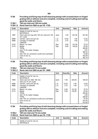 888
17.60       Providing and fixing trap of self cleansing design with screwed down or hinged
            grating with or without vent arm complete, including cost of cutting and making
            good the walls and floors:
17.60.1     100 mm inlet and 100 mm outlet
17.60.1.2   Sand Cast Iron S&S as per IS: 1729.
 Code       Description                                     Unit   Quantity     Rate    Amount
            Details of cost for one no.
            MATERIALS
 1897       Sand cast iron trap with 100 mm inlet and 100   each     1.00     221.00     221.00
            mm outlet
 9999       Cement, sand and grit etc.                      L.S.    13.52        1.00     13.52
 9999       Carriage of materials                           L.S.     2.73        1.00      2.73
            LABOUR
 0123       Mason 1st class                                 Day      0.50     151.50      75.75
 0114       Beldar                                          Day      0.50     135.25      67.62
            TOTAL                                                                        380.62
            Add 1% for water charges                                                       3.81
            TOTAL                                                                        384.43
            Add 15% for contractor’s profit and overheads                                 57.66
            Cost of one no.                                                              442.09
            Say                                                                          442.10

17.60       Providing and fixing trap of self cleansing design with screwed down or hinged
            grating with or without vent arm complete, including cost of cutting and making
            good the walls and floors:
17.60.2     100 mm inlet and 75 mm outlet
17.60.2.1   Sand cast iron S&S as per IS - 3989
 Code       Description                                     Unit   Quantity     Rate    Amount
            Details of cost for one no.
            MATERIALS
 7809       Sand cast iron S&S 100 mm                       each    1.00      334.00     334.00
            inlet and 75 mm outlet
 9999       Cement, sand and grit etc.                      L.S.   13.52        1.00      13.52
 9999       Carriage of materials                           L.S.    2.73        1.00       2.73
            LABOUR
 0123       Mason 1st class                                 Day     0.50      151.50      75.75
 0114       Beldar                                          Day     0.50      135.25      67.62
            TOTAL                                                                        493.62
            Add 1% for water charges                                                       4.94
            TOTAL                                                                        498.56
            Add 15% for contractor’s profit and overheads                                 74.78
            Cost of one no.                                                              573.34
            Say                                                                          573.35

17.60       Providing and fixing trap of self cleansing design with screwed down or hinged
            grating with or without vent arm complete, including cost of cutting and making
            good the walls and floors :
17.60.2     100 mm inlet and 75 mm outlet
17.60.2.2   Sand Cast Iron S&S as per IS- 1729.
 Code       Description                                     Unit   Quantity     Rate    Amount
            Details of cost for one no.
            MATERIALS
 