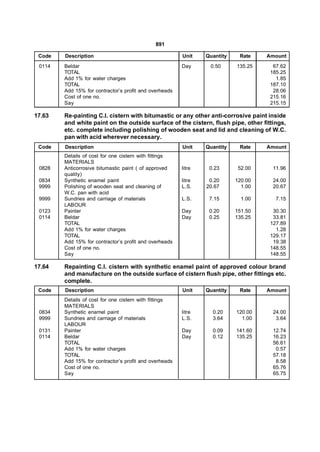 891

 Code   Description                                     Unit    Quantity    Rate    Amount
 0114   Beldar                                          Day      0.50      135.25     67.62
        TOTAL                                                                        185.25
        Add 1% for water charges                                                       1.85
        TOTAL                                                                        187.10
        Add 15% for contractor’s profit and overheads                                 28.06
        Cost of one no.                                                              215.16
        Say                                                                          215.15

17.63   Re-painting C.I. cistern with bitumastic or any other anti-corrosive paint inside
        and white paint on the outside surface of the cistern, flush pipe, other fittings,
        etc. complete including polishing of wooden seat and lid and cleaning of W.C.
        pan with acid wherever necessary.
 Code   Description                                     Unit    Quantity    Rate    Amount
        Details of cost for one cistern with fittings
        MATERIALS
 0828   Anticorrosive bitumastic paint ( of approved    litre    0.23       52.00     11.96
        quality)
 0834   Synthetic enamel paint                          litre    0.20      120.00     24.00
 9999   Polishing of wooden seat and cleaning of        L.S.    20.67        1.00     20.67
        W.C. pan with acid                                                    
 9999   Sundries and carriage of materials              L.S.     7.15        1.00      7.15
        LABOUR
 0123   Painter                                         Day      0.20      151.50     30.30
 0114   Beldar                                          Day      0.25      135.25     33.81
        TOTAL                                                                        127.89
        Add 1% for water charges                                                       1.28
        TOTAL                                                                        129.17
        Add 15% for contractor’s profit and overheads                                 19.38
        Cost of one no.                                                              148.55
        Say                                                                          148.55

17.64   Repainting C.I. cistern with synthetic enamel paint of approved colour brand
        and manufacture on the outside surface of cistern flush pipe, other fittings etc.
        complete.
 Code   Description                                     Unit    Quantity    Rate    Amount
        Details of cost for one cistern with fittings
        MATERIALS
 0834   Synthetic enamel paint                          litre     0.20     120.00     24.00
 9999   Sundries and carriage of materials              L.S.      3.64       1.00      3.64
        LABOUR
 0131   Painter                                         Day       0.09     141.60     12.74
 0114   Beldar                                          Day       0.12     135.25     16.23
        TOTAL                                                                         56.61
        Add 1% for water charges                                                       0.57
        TOTAL                                                                         57.18
        Add 15% for contractor’s profit and overheads                                  8.58
        Cost of one no.                                                               65.76
        Say                                                                           65.75
 