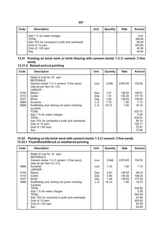 607

 Code        Description                                  Unit   Quantity        Rate     Amount

         Add 1 % for water charges                                                          3.91
         TOTAL.                                                                           394.65
         Add 15% for contractor’s profit and overheads                                     59.20
         Cost of 10 sqm.                                                                  453.85
         Cost of 1.00 sqm.                                                                 45.39
         Say                                                                               45.40

13.31 Pointing on brick work or brick flooring with cement mortar 1:3 (1 cement: 3 fine
       sand):
13.31.2 Raised and cut pointing.
 Code        Description                                  Unit   Quantity        Rate     Amount

          Detail of cost for 10 sqm
          MATERIALS
          Cement mortar 1:3 (1 cement: 3 fine sand).      cum     0.046        2,870.00   132.02
          (rate as per item no. 3.3)
          LABOUR
 0155     Mason                                           Day     1.07          146.55    156.81
 0115     Coolie                                          Day     1.31          135.25    177.18
 0101     Bhisti                                          Day     1.00          138.45    138.45
 9999     Sundries                                        L.S     7.15            1.00      7.15
 9999     Scaffolding and racking out joints including    L.S    16.12            1.00     16.12
          sundries                                                        2.
          TOTAL                                                                           627.73
          Add 1 % for water charges                                                         6.28
          TOTAL.                                                                          634.01
          Add 15% for contractor’s profit and overheads                                    95.10
          Cost of 10 sqm.                                                                 729.11
          Cost of 1.00 sqm.                                                                72.91
          Say                                                                              72.90


13.32 Pointing on tile brick work with cement mortar 1:3 (1 cement :3 fine sand):
13.32.1 Flush/Ruled/Struck or weathered pointing

 Code        Description                                  Unit   Quantity        Rate     Amount

          Detail of cost for 10 sqm
          MATERIALS
          Cement mortar 1:3 (1 cement: 3 fine sand).      cum     0.046        2,870.00   132.02
          (rate as per item no. 3.3)
  9999    Sundries                                        cum     7.15            1.00      7.15
          LABOUR
  0155    Mason                                           Day     0.67          146.55     98.19
  0115    Coolie                                          Day     0.80          135.25    108.20
  0101    Bhisti                                          Day     1.28          138.45    177.22
  9999    Scaffolding and racking out joints including    L.S    16.12            1.00     16.12
          sundries                                                        2.
          TOTAL                                                                           538.90
          Add 1 % for water charges                                                         5.39
          TOTAL.                                                                          544.29
          Add 15% for contractor’s profit and overheads                                    81.64
          Cost of 10 sqm.                                                                 625.93
          Cost of 1.00 sqm                                                                 62.59
          Say                                                                              62.60
 