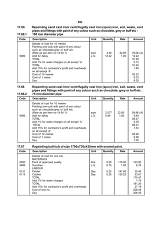893
17.66     Repainting sand cast iron/ centrifugally cast iron (spun) iron, soil, waste, vent
          pipes and fittings with paint of any colour such as chocolate, grey or buff etc :
17.66.1   100 mm diameter pipe
 Code     Description                                     Unit    Quantity    Rate     Amount
          Details of cost for 10 metres
          Painting one coat with paint of any colour
          such as chocolate,grey or buff etc.
          (Rate as per item no 14.54.1)                   sqm       3.46      22.85   79.06 (A)
 9999     Add for delay                                   L.S.     12.22       1.00   12.22
          TOTAL                                                                       91.28
          Add 1% for water charges on all except ‘A’                                   0.12
          TOTAL                                                                       91.40
          Add 15% for contractor’s profit and overheads                                1.85
          on all except ‘A’
          Cost of 10 metres                                                           93.25
          Cost of 1 metre                                                              9.33
          Say                                                                          9.30

17.66     Repainting sand cast iron/ centrifugally cast iron (spun) iron, soil, waste, vent
          pipes and fittings with paint of any colour such as chocolate, grey or buff etc :
17.66.2   75 mm diameter pipe
 Code     Description                                     Unit    Quantity    Rate     Amount
          Details of cost for 10 metres
          Painting one coat with paint of any colour
          such as chocolate,grey or buff etc.
          (Rate as per item no 14.54.1)                   sqm      2.577     22.85    58.88 (A)
 9999     Add for delay                                   L.S.     9.49       1.00     9.49
          TOTAL                                                                       68.37
          Add 1% for water charges on all except ‘A’                                   0.09
          TOTAL                                                                       68.37
          Add 15% for contractor’s profit and overheads                                1.44
          on all except ‘A’
          Cost of 10 metres                                                           69.90
          Cost of 1 metre                                                              6.99
          Say                                                                          7.00

17.67     Repainting bath tub of size 1700x730x430mm with enamel paint.
 Code     Description                                     Unit    Quantity    Rate     Amount
          Details of cost for one tub
          MATERIALS
 0830     Paint of approved quality                       litre     0.90     115.00    103.50
 9999     Sundries                                        L.S.      6.76       1.00      6.76
          LABOUR
 0131     Painter                                         Day       0.25     141.60     35.40
 0115     Coolies                                         Day       0.25     135.25     33.81
          TOTAL                                                                        179.47
          Add 1% for water charges                                                       1.79
          TOTAL                                                                        181.26
          Add 15% for contractor’s profit and overheads                                 27.19
          Cost of one no.                                                              208.45
          Say                                                                          208.45
 