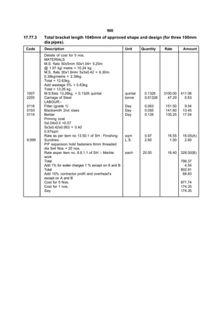 900
17.77.3   Total bracket length 1040mm of approved shape and design (for three 100mm
          dia pipes).
 Code     Description                                      Unit      Quantity   Rate       Amount
          Details of cost for 5 nos.
          MATERIALS
          M.S. flats 50x5mm 50x1.04= 5.20m
          @ 1.97 kg/ metre = 10.24 kg.
          M.S. flats 30x1.6mm 5x3x0.42 = 6.30m.
          0.38kg/metre = 2.39kg.
          Total = 12.63kg.
          Add wastage 5% = 0.63kg.
          Total = 13.26 kg.
 1007     M.S.flats 13.26kg. = 0.1326 quintal              quintal    0.1326    3100.00   411.06
 2205     Carriage of Steel                                tonne      0.01326     47.29     0.63
          LABOUR:-
 0116     Fitter (grade 1)                                 Day        0.063      151.50     9.54
 0103     Blacksmith 2nd class                             Day        0.095      141.60    13.45
 0114     Beldar                                           Day        0.126      135.25    17.04
          Priming coat
          5xl.04x0.ll =0.57
          5x3x0.42x0.063 = 0.40
          0.97sqm
          Rate as per item no 13.50.1 of SH : Finishing    sqm        0.97        16.55    16.05(A)
 9,999    Sundries                                         L.S.       2.60         1.00     2.60
          P/F expansion hold fasteners 6mm threaded
          dia 5x4 Nos = 20 nos.
          Rate asper item no. 8.8.1.1 of SH :- Marble      each      20.00        16.40   328.00(B)
          work
          Total                                                                           798.37
          Add 1% for water charges 1 % except on A and B                                    4.54
          Total                                                                           802.91
          Add 15% contractor profit and overhead’s                                         68.83
          except on A and B
          Cost for 5 Nos.                                                                 871.74
          Cost for 1 nos.                                                                 174.35
          Say                                                                             174.35
 
