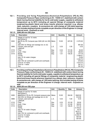 905
18.1 :   Providing and fixing Polyethelene-Aluminium-Polyethelene (PE-AL-PE)
         Composite Pressure Pipes conforming to IS - 15450 U.V. stabilised with carbon
         black having thermal stability for hot & cold water supply, capable to withstand
         temperature up to 80°C including all special fittings of composite material
         (engineering plastic blend and brass inserts wherever required ) e.g. elbows
         ,tees ,reducers, couplers & connectors etc. with clamps at 1.00 metre spacing,
         this includes testing of joints complete as per direction of the Engineer in charge.
         Internal work - Exposed on wall
18.1.5 : 3240 (40 mm OD) pipe
 Code      Description                                    Unit    Quantity   Rate      Amount
          Details of cost for 10 metre
          MATERIALS
 8304     (A) PE-AL-PE Composit pipe 3240 (40 mm OD)      Metre   10.00      227.00     2 270.00
          Pipe
          Add 30% for fittings and wastage etc on (A)                                     681.00
 9999     Cement, sand and grit                           L.S.     5.33        1.00         5.33
          LABOUR
 0116     Fitter                                          Day      0.33      151.50        50.00
 0117     Asstt. Fitter                                   Day      1.31      141.60       185.50
 0114     Beldar                                          Day      1.31      135.25       177.18
          TOTAL                                                                         3 369.01
          Add 1% for water charges                                                         33.69
          TOTAL                                                                         3 402.70
          Add 15% for contractor’s profit and overheads                                   510.40
          Cost for 10 metre                                                             3 913.10
          Cost for 1 metre                                                                391.31
          Say                                                                             391.30

18.1:    Providing and fixing Polyethelene-Aluminium-Polyethelene (PE-AL-PE) Composite
         Pressure Pipes conforming to IS - 15450 U.V. stabilised with carbon black having
         thermal stability for hot & cold water supply, capable to withstand temperature up
         to 80°C including all special fittings of composite material (engineering plastic
         blend and brass inserts wherever required ) e.g. elbows ,tees ,reducers, couplers
         & connectors etc. with clamps at 1.00 metre spacing, this includes testing of joints
         complete as per direction of the Engineer in charge. Internal work - Exposed on
         wall
18.1.6 : 4050 (50 mm OD) pipe
 Code      Description                                    Unit    Quantity   Rate      Amount
          Details of cost for 10 metre
          MATERIALS
 8305     (A)4050mm PE-AL-PE Composit pressure pipe       Metre   10.00      304.00   3040.00
          Add 30% for fittings and wastage etc on (A)                                  912.00
 9999     Cement, sand and grit                           L.S.     5.33        1.00      5.33
          LABOUR
 0116     Fitter                                          Day      0.33      151.50      50.00
 0117     Asstt. Fitter                                   Day      1.31      141.60     185.50
 0114     Beldar                                          Day      1.31      135.25     177.18
          TOTAL                                                                       4 370.01
          Add 1% for water charges                                                       43.70
          TOTAL                                                                        4413.71
          Add 15% for contractor’s profit and overheads                                 662.06
          Cost for 10 metre                                                           5 075.77
          Cost for 1 metre                                                              507.58
          Say                                                                           507.60
 