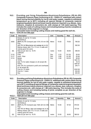 906
18.2 :   Providing and fixing Polyethelene-Aluminium-Polyethelene (PE-AL-PE)
         Composite Pressure Pipes conforming to IS - 15450 U.V. stabilised with carbon
         black having thermal stability for hot & cold water supply, capable to withstand
         temperature up to 80°C including all special fittings of composite material
         (engineering plastic blend and brass inserts wherever required ) e.g. elbows , tees,
         reducers, couplers & connectors etc. with clamps at 1.00 metre spacing. This
         includes the costs of cutting chases and including testing of joints complete as
         per direction of the engineer in charge.
         Concealed work including cutting chases and making good the wall etc.
18.2.1 : 1216 (16 mm OD) pipe
 Code      Description                                        Unit    Quantity   Rate     Amount
          Details of cost for 10 metre
          MATERIALS
 8300     (A)PE-AL-PE Composit pipe 1216 (16 mm OD)           Metre   10.00       79.00    790.00
          Pipe
          Add 75% for fitting,clamps and wastage etc on (A)                                592.50
          Making chases upto 7.5 x 7.5 cm. in walls and
          making good the same
   (B)    Rate as per item no. 18.78                          metre   10.00       36.65    366.50
          LABOUR
 0116     Fitter                                              Day      0.33      151.50     50.00
 0117     Asstt. Fitter                                       Day      0.66      141.60     93.46
 0114     Beldar                                              Day      0.66      135.25     89.26
          TOTAL                                                                           1981.72
          Add 1% for water charges on all except (B)                                        16.15
          TOTAL                                                                           1997.87
          Add 15% for contractor’s profit and overheads                                    244.71
          on all except (B)
          Cost for 10 metre                                                               2242.58
          Cost for 1 metre                                                                 224.26
          Say                                                                              224.25


18.2 :   Providing and fixing Polyethelene-Aluminium-Polyethelene (PE-AL-PE) Composite
         Pressure Pipes conforming to IS - 15450 U.V. stabilised with carbon black having
         thermal stability for hot & cold water supply, capable to withstand temperature
         up to 80°C including all special fittings of composite material (engineering plastic
         blend and brass inserts wherever required ) e.g. elbows ,tees ,reducers, couplers
         & connectors etc. with clamps at 1 .Q0 metre spacing. This includes the costs of
         cutting chases and including testing of joints complete as per direction of the
         engineer in charge.
         Concealed work including cutting chases and making good the wall etc.
18.2.2 : 1620 (20 mm OD) pipe
 Code      Description                                        Unit    Quantity    Rate    Amount
          Details of cost for 10 metre
          MATERIALS
 8301     (A)PE-AL-PE Composit pipe 1620 (20 mm OD) Metre             10.00       97.00   970.00
          Pipe
          Add 75% for fittings, claps and wastage etc on (A)                              727.50
          Making chases upto 7:5 x 7.5 cm. in walls and
          making good the same
   (B)    Rate as per item no. 18.78                         metre    10.00       36.65   366.50
 