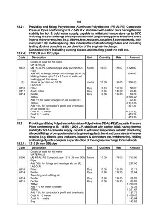 908
18.2 :     Providing and fixing Polyethelene-Aluminium-Polyethelene (PE-AL-PE) Composite
           Pressure Pipes conforming to IS - 15450 U.V. stabilised with carbon black having thermal
           stability for hot & cold water supply, capable to withstand temperature up to 80°C
           including all special fittings of composite material (engineering plastic blend and brass
           inserts wherever required ) e.g. elbows ,tees ,reducers, couplers & connectors etc. with
           clamps at 1.00. metre spacing. This includes the costs of cutting chases and including
           testing of joints complete as per direction of the engineer in charge.
           Concealed work including cutting chases and making good the wall etc.
18.2.4:    2532 (32 mm OD) pipe
 Code        Description                                          Unit    Quantity   Rate        Amount
            Details of cost for 10 metre
            MATERIALS
  8303      (A) PE-AL-PE Composit pipe 2532 (32 mm OD)            Metre   10.00      172.00   1 720.00
            Pipe
            Add 75% for fittings, clamps and wastage etc on (A)                                1290.00
            Making chases upto 7.5 x 7.5 cm. in walls and
            making good the same
   (B)       Rate as per item no 18.78                            metre   10.00       36.65     366.50
            LABOUR
  0116      Fitter                                                Day      0.33      151.50      50.00
  0117      Asstt. Fitter                                         Day      0.66      141.60      93.46
  0114      Beldar                                                Day      0.66      135.25      89.26
            TOTAL                                                                             3 609.22
            Add 1% for water charges on all except (B)                                           32.43
            TOTAL                                                                             3 641.65
            Add 15% for contractor’s profit and overheads                                       491.27
            on all except (B)
            Cost for 10 metre                                                                 4 132.92
            Cost for 1 metre                                                                    413.29
            Say                                                                                 413.30

18.3 :     Providing and fixing Polyethelene-Aluminium-Polyethelene (PE-AL-PE) Composite Pressure
           Pipes conforming to IS - 15450 - 2004 U.V. stabilised with carbon black having thermal
           stability for hot & cold water supply, capable to withstand temperature up to 80° C including
           all special fittings of composite material (engineering plastic blend and brass inserts wherever
           required ) e.g. elbows ,tees ,reducers, couplers & connectors etc. with trenching, refilling
           and testing of joints complete as per direction of the engineer in charge. External work
18.3.1 :   1216 (16 mm OD) pipe
 Code        Description                                          Unit    Quantity   Rate        Amount
            Details of cost for 10 metre
            MATERIALS
  8300      (A) PE-AL-PE Composit pipe 1216 (16 mm OD)            Metre   10.00       79.00     790.00
            Pipe
            Add 30% for fittings and wastage etc on (A)                                         237.00
            LABOUR
  0116      Fitter                                                Day      0.08      151.50      12.12
  0114      Beldar                                                Day      0.16      135.25      21.64
            Trenching and refilling etc.
  0114      Beldar                                                Day      0.66      135.25      89.26
  0115      Coolie                                                Day      0.66      135.25      89.26
            TOTAL                                                                             1 239.28
            Add 1 % for water charges                                                            12.39
            TOTAL                                                                             1 251.67
            Add 15% for contractor’s profit and overheads                                       187.75
            Cost for 10 metre                                                                 1 439.42
            Cost for 1 metre                                                                    143.94
            Say                                                                                 143.95
 