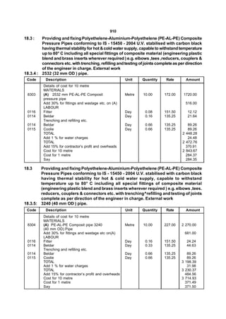 910
18.3 :   Providing and fixing Polyethelene-Aluminium-Polyethelene (PE-AL-PE) Composite
         Pressure Pipes conforming to IS - 15450 - 2004 U.V. stabilised with carbon black
         having thermal stability for hot & cold water supply, capable to withstand temperature
         up to 80° C including all special fittings of composite material (engineering plastic
         blend and brass inserts wherever required ) e.g. elbows ,tees ,reducers, couplers &
         connectors etc. with trenching, refilling and testing of joints complete as per direction
         of the engineer in charge. External work
18.3.4 : 2532 (32 mm OD ) pipe.
 Code      Description                                    Unit    Quantity    Rate       Amount
          Details of cost for 10 metre
          MATERIALS
 8303     (A) 2532 mm PE-AL-PE Composit                   Metre   10.00      172.00    1720.00
          pressure pipe
          Add 30% for fittings and wastage etc. on (A)                                  516.00
          LABOUR
 0116     Fitter                                          Day      0.08      151.50       12.12
 0114     Beldar                                          Day      0.16      135.25       21.64
          Trenching and refilling etc.
 0114     Beldar                                          Day      0.66      135.25       89.26
 0115     Coolie                                          Day      0.66      135.25       89.26
          TOTAL                                                                        2 448.28
          Add 1 % for water charges                                                       24.48
          TOTAL                                                                        2 472.76
          Add 15% for contractor’s profit and overheads                                  370.91
          Cost for 10 metre                                                            2 843.67
          Cost for 1 metre                                                               284.37
          Say                                                                            284.35

18.3    Providing and fixing Polyethelene-Aluminium-Polyethelene (PE-AL-PE) Composite
        Pressure Pipes conforming to IS - 15450 - 2004 U.V. stabilised with carbon black
        having thermal stability for hot & cold water supply, capable to withstand
        temperature up to 80° C including all special fittings of composite material
        (engineering plastic blend and brass inserts wherever required ) e.g. elbows ,tees.
        reducers, couplers & connectors etc. with trenching^refilling and testing of joints
        complete as per direction of the engineer in charge. External work
18.3.5: 3240 (40 mm OD ) pipe.
 Code      Description                                    Unit    Quantity    Rate       Amount
          Details of cost for 10 metre
          MATERIALS
 8304     (A) PE-AL-PE Composit pipe 3240                 Metre   10.00      227.00   2 270.00
          (40 mm OD) Pipe
          Add 30% for fittings and wastage etc on(A)                                    681.00
          LABOUR
 0116     Fitter                                          Day      0.16      151.50      24.24
 0114     Beldar                                          Day      0.33      135.25      44.63
          Trenching and refilling etc.
 0114     Beldar                                          Day      0.66      135.25      89.26
 0115     Coolie                                          Day      0.66      135.25      89.26
          TOTAL                                                                       3 198.39
          Add 1 % for water charges                                                      31.98
          TOTAL                                                                       3 230.37
          Add 15% for contractor’s profit and overheads                                 484.56
          Cost for 10 metre                                                           3 714.93
          Cost for 1 metre                                                              371.49
          Say                                                                           371.50
 
