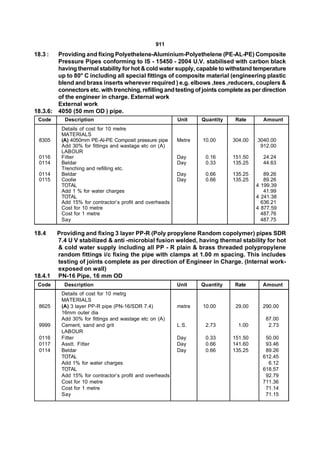 911
18.3 :  Providing and fixing Polyethelene-Aluminium-Polyethelene (PE-AL-PE) Composite
        Pressure Pipes conforming to IS - 15450 - 2004 U.V. stabilised with carbon black
        having thermal stability for hot & cold water supply, capable to withstand temperature
        up to 80° C including all special fittings of composite material (engineering plastic
        blend and brass inserts wherever required ) e.g. elbows ,tees ,reducers, couplers &
        connectors etc. with trenching, refilling and testing of joints complete as per direction
        of the engineer in charge. External work
        External work
18.3.6: 4050 (50 mm OD ) pipe.
 Code      Description                                    Unit    Quantity    Rate      Amount
          Details of cost for 10 metre
          MATERIALS
 8305     (A) 4050mm PE-Al-PE Composit pressure pipe      Metre   10.00      304.00   3040.00
          Add 30% for fittings and wastage etc on (A)                                  912.00
          LABOUR
 0116     Fitter                                          Day      0.16      151.50     24.24
 0114     Beldar                                          Day      0.33      135.25     44.63
          Trenching and refilling etc.
 0114     Beldar                                          Day      0.66      135.25      89.26
 0115     Coolie                                          Day      0.66      135.25      89.26
          TOTAL                                                                       4 199.39
          Add 1 % for water charges                                                      41.99
          TOTAL                                                                       4 241.38
          Add 15% for contractor’s profit and overheads                                 636.21
          Cost for 10 metre                                                           4 877.59
          Cost for 1 metre                                                              487.76
          Say                                                                           487.75

18.4     Providing and fixing 3 layer PP-R (Poly propylene Random copolymer) pipes SDR
         7.4 U V stabilized & anti -microbial fusion welded, having thermal stability for hot
         & cold water supply including all PP - R plain & brass threaded polypropylene
         random fittings i/c fixing the pipe with clamps at 1.00 m spacing. This includes
         testing of joints complete as per direction of Engineer in Charge. (Internal work-
         exposed on wall)
18.4.1   PN-16 Pipe, 16 mm OD
 Code      Description                                    Unit    Quantity   Rate       Amount
          Details of cost for 10 metrg
          MATERIALS
 8625     (A) 3 layer PP-R pipe (PN-16/SDR 7.4)           metre   10.00       29.00     290.00
          16mm outer dia
          Add 30% for fittings and wastage etc on (A)                                    87.00
 9999     Cement, sand and grit                           L.S.     2.73        1.00       2.73
          LABOUR
 0116     Fitter                                          Day      0.33      151.50      50.00
 0117     Asstt. Fitter                                   Day      0.66      141.60      93.46
 0114     Beldar                                          Day      0.66      135.25      89.26
          TOTAL                                                                         612.45
          Add 1% for water charges                                                        6.12
          TOTAL                                                                         618.57
          Add 15% for contractor’s profit and overheads                                  92.79
          Cost for 10 metre                                                             711.36
          Cost for 1 metre                                                               71.14
          Say                                                                            71.15
 