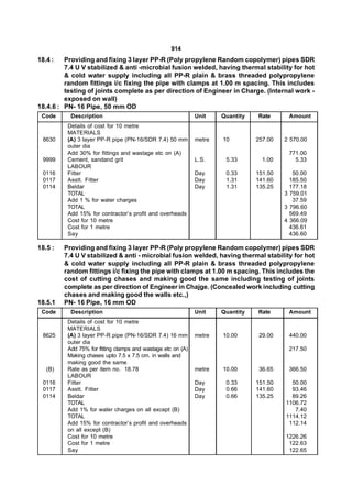 914
18.4 :   Providing and fixing 3 layer PP-R (Poly propylene Random copolymer) pipes SDR
         7.4 U V stabilized & anti -microbial fusion welded, having thermal stability for hot
         & cold water supply including all PP-R plain & brass threaded polypropylene
         random fittings i/c fixing the pipe with clamps at 1.00 m spacing. This includes
         testing of joints complete as per direction of Engineer in Charge. (Internal work -
         exposed on wall)
18.4.6 : PN- 16 Pipe, 50 mm OD
 Code      Description                                        Unit    Quantity   Rate      Amount
          Details of cost for 10 metre
          MATERIALS
 8630     (A) 3 layer PP-R pipe (PN-16/SDR 7.4) 50 mm         metre   10         257.00   2 570.00
          outer dia
          Add 30% for fittings and wastage etc on (A)                                      771.00
 9999     Cement, sandand grit                                L.S.     5.33        1.00      5.33
          LABOUR
 0116     Fitter                                              Day      0.33      151.50      50.00
 0117     Asstt. Fitter                                       Day      1.31      141.60     185.50
 0114     Beldar                                              Day      1.31      135.25     177.18
          TOTAL                                                                           3 759.01
          Add 1 % for water charges                                                          37.59
          TOTAL                                                                           3 796.60
          Add 15% for contractor’s profit and overheads                                     569.49
          Cost for 10 metre                                                               4 366.09
          Cost for 1 metre                                                                  436.61
          Say                                                                               436.60

18.5 :   Providing and fixing 3 layer PP-R (Poly propylene Random copolymer) pipes SDR
         7.4 U V stabilized & anti - microbial fusion welded, having thermal stability for hot
         & cold water supply including all PP-R plain & brass threaded polypropylene
         random fittings i/c fixing the pipe with clamps at 1.00 m spacing. This includes the
         cost of cutting chases and making good the same including testing of joints
         complete as per direction of Engineer in Chajge. (Concealed work including cutting
         chases and making good the walls etc.,)
18.5.1   PN- 16 Pipe, 16 mm OD
 Code      Description                                        Unit    Quantity   Rate      Amount
          Details of cost for 10 metre
          MATERIALS
 8625     (A) 3 layer PP-R pipe (PN-16/SDR 7.4) 16 mm         metre   10.00       29.00    440.00
          outer dia
          Add 75% for fitting clamps and wastage etc on (A)                                217.50
          Making chases upto 7.5 x 7.5 cm. in walls and
          making good the same
   (B)    Rate as per item no. 18.78                          metre   10.00       36.65    366.50
          LABOUR
 0116     Fitter                                              Day      0.33      151.50     50.00
 0117     Asstt. Fitter                                       Day      0.66      141.60     93.46
 0114     Beldar                                              Day      0.66      135.25     89.26
          TOTAL                                                                           1106.72
          Add 1% for water charges on all except (B)                                         7.40
          TOTAL                                                                           1114.12
          Add 15% for contractor’s profit and overheads                                    112.14
          on all except (B)
          Cost for 10 metre                                                               1226.26
          Cost for 1 metre                                                                 122.63
          Say                                                                              122.65
 