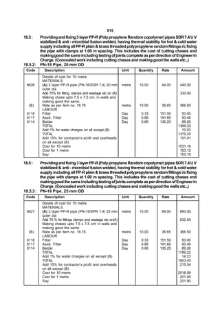 915
18.5 :    Providing and fixing 3 layer PP-R (Poly propylene Random copolymer) pipes SDR 7.4 U V
          stabilized & anti - microbial fusion welded, having thermal stability for hot & cold water
          supply including all PP-R plain & brass threaded polypropylene random fittings i/c fixing
          the pipe with clamps at 1.00 m spacing. This includes the cost of cutting chases and
          making good the same including testing of joints complete as per direction of Engineer in
          Charge. (Concealed work including cutting chases and making good the walls etc.,)
18.5.2:   PN-16 Pipe, 20 mm OD
 Code       Description                                         Unit    Quantity    Rate     Amount
           Details of cost for 10 metre
           MATERIALS
  8626     (A) 3 layer PP-R pipe (PN-16/SDR 7.4) 20 mm          metre   10.00       44.00    440.00
           outer dia
           Add 75% for fitting, clamps and wastage etc on (A)                                330.00
           Making chase upto 7.5 x 7.5 cm. in walls and
           making good the same
   (B)     Rate as per item no. 18.78                           metre   10.00       36.65    366.50
           LABOUR
  0116     Fitter                                               Day      0.33      151.50     50.00
  0117     Asstt. Fitter                                        Day      0.66      141.60     93.46
  0114     Beldar                                               Day      0.66      135.25     89.26
           TOTAL                                                                            1369.22
           Add 1% for water charges on all except (B)                                         10.03
           TOTAL                                                                            1379.25
           Add 15% for contractor’s profit and overheads                                     151.91
           on all except (B)
           Cost for 10 metre                                                                1531.16
           Cost for 1 metre                                                                  153.12
           Say                                                                               153.10

18.5 :   Providing and fixing 3 layer PP-R (Poly propylene Random copolymer) pipes SDR 7.4 U V
         stabilized & anti - microbial fusion welded, having thermal stability for hot & cold water
         supply including all PP-R plain & brass threaded polypropylene random fittings i/c fixing
         the pipe with clamps at 1.00 m spacing. This includes the cost of cutting chases and
         making good the same including testing of joints complete as per direction of Engineer in
         Charge. (Concealed work including cutting chases and making good the walls etc.,)
18.5.3 : PN-16 Pipe, 25 mm OD
 Code       Description                                         Unit    Quantity    Rate     Amount
           Details of cost for 10 metre
           MATERIALS
  8627     (A) 3 layer PP-R pipe (PN-16/SPR 7.4) 25 mm          metre   10.00       68.00    680.00
           quter dia
           Add 75 % for fittings clamps and wastage etc on(A)                                832.50
           Making chases upto 7.5 x 7.5 cm! in walls and
           making good the same
   (B)     Rate as per item no. 18.78                           metre   10.00       36.65    366.50
           LABOUR
  0116     Fitter                                               Day      0.33      151.50     50.00
  0117     Asstt. Fitter                                        Day      0.66      141.60     93.46
  0114     Beldar                                               Day      0.66      135.25     89.26
           TOTAL                                                                            1789.22
           Add 1% for water charges on all except (B)                                         14.23
           TOTAL                                                                            1803.45
           Add 15% for contractor’s profit and overheads                                     215.54
           on all except (B)
           Cost for 10 metre                                                                2018.99
           Cost for 1 metre                                                                  201.90
           Say                                                                               201.90
 