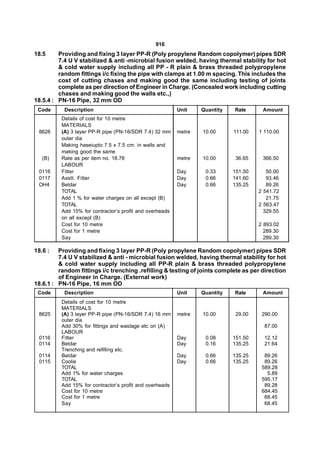 916
18.5     Providing and fixing 3 layer PP-R (Poly propylene Random copolymer) pipes SDR
         7.4 U V stabilized & anti -microbial fusion welded, having thermal stability for hot
         & cold water supply including all PP - R plain & brass threaded polypropylene
         random fittings i/c fixing the pipe with clamps at 1.00 m spacing. This includes the
         cost of cutting chases and making good the same including testing of joints
         complete as per direction of Engineer in Charge. (Concealed work including cutting
         chases and making good the walls etc.,)
18.5.4 : PN-16 Pipe, 32 mm OD
 Code      Description                                    Unit    Quantity   Rate      Amount
          Details of cost for 10 metre
          MATERIALS
 8628     (A) 3 layer PP-R pipe (PN-16/SDR 7.4) 32 mm     metre   10.00      111.00   1 110.00
          outer dia
          Making haseiupto 7.5 x 7.5 cm. in walls and
          making good the same
   (B)    Rate as per item no. 18.78                      metre   10.00       36.65    366.50
          LABOUR
 0116     Fitter                                          Day      0.33      151.50      50.00
 0117     Asstt. Fitter                                   Day      0.66      141.60      93.46
 OH4      Beldar                                          Day      0.66      135.25      89.26
          TOTAL                                                                       2 541.72
          Add 1 % for water charges on all except (B)                                    21.75
          TOTAL                                                                       2 563.47
          Add 15% for contractor’s profit and overheads                                 329.55
          on all except (B)
          Cost for 10 metre                                                           2 893.02
          Cost for 1 metre                                                              289.30
          Say                                                                           289.30

18.6 :   Providing and fixing 3 layer PP-R (Poly propylene Random copolymer) pipes SDR
         7.4 U V stabilized & anti - microbial fusion welded, having thermal stability for hot
         & cold water supply including all PP-R plain & brass threaded polypropylene
         random fittings i/c trenching .refilling & testing of joints complete as per direction
         of Engineer in Charge. (External work)
18.6.1 : PN-16 Pipe, 16 mm OD
 Code      Description                                    Unit    Quantity   Rate      Amount
          Details of cost for 10 metre
          MATERIALS
 8625     (A) 3 layer PP-R pipe (PN-16/SDR 7.4) 16 mm     metre   10.00       29.00    290.00
          outer dia
          Add 30% for fittings and wastage etc on (A)                                   87.00
          LABOUR
 0116     Fitter                                          Day      0.08      151.50     12.12
 0114     Beldar                                          Day      0.16      135.25     21.64
          Trenching and refilling etc.
 0114     Beldar                                          Day      0.66      135.25     89.26
 0115     Coolie                                          Day      0.66      135.25     89.26
          TOTAL                                                                        589.28
          Add 1% for water charges                                                       5.89
          TOTAL                                                                        595.17
          Add 15% for contractor’s profit and overheads                                 89.28
          Cost for 10 metre                                                            684.45
          Cost for 1 metre                                                              68.45
          Say                                                                           68.45
 