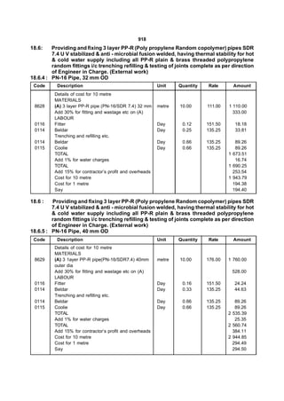918
18.6:    Providing and fixing 3 layer PP-R (Poly propylene Random copolymer) pipes SDR
         7.4 U V stabilized & anti - microbial fusion welded, having thermal stability for hot
         & cold water supply including all PP-R plain & brass threaded polypropylene
         random fittings i/c trenching refilling & testing of joints complete as per direction
         of Engineer in Charge. (External work)
18.6.4 : PN-16 Pipe, 32 mm OD
 Code      Description                                    Unit    Quantity   Rate       Amount
          Details of cost for 10 metre
          MATERIALS
 8628     (A) 3 layer PP-R pipe (PN-16/SDR 7.4) 32 mm     metre   10.00      111.00   1 110.00
          Add 30% for fitting and wastage etc on (A)                                    333.00
          LABOUR
 0116     Fitter                                          Day      0.12      151.50     18.18
 0114     Beldar                                          Day      0.25      135.25     33.81
          Trenching and refilling etc.
 0114     Beldar                                          Day      0.66      135.25      89.26
 0115     Coolie                                          Day      0.66      135.25      89.26
          TOTAL                                                                       1 673.51
          Add 1% for water charges                                                       16.74
          TOTAL                                                                       1 690.25
          Add 15% for contractor’s profit and overheads                                 253.54
          Cost for 10 metre                                                           1 943.79
          Cost for 1 metre                                                              194.38
          Say                                                                           194.40

18.6 :   Providing and fixing 3 layer PP-R (Poly propylene Random copolymer) pipes SDR
         7.4 U V stabilized & anti - microbial fusion welded, having thermal stability for hot
         & cold water supply including all PP-R plain & brass threaded polypropylene
         random fittings i/c trenching refilling & testing of joints complete as per direction
         of Engineer in Charge. (External work)
18.6.5 : PN-16 Pipe, 40 mm OD
 Code      Description                                    Unit    Quantity   Rate       Amount
          Details of cost for 10 metre
          MATERIALS
 8629     (A) 3 1ayer PP-R pipe(PN-16/SDR7.4) 40mm        metre   10.00      176.00   1 760.00
          outer dia
          Add 30% for fitting and wastage etc on (A)                                   528.00
          LABOUR
 0116     Fitter                                          Day      0.16      151.50     24.24
 0114     Beldar                                          Day      0.33      135.25     44.63
          Trenching and refilling etc.
 0114     Beldar                                          Day      0.66      135.25      89.26
 0115     Coolie                                          Day      0.66      135.25      89.26
          TOTAL                                                                       2 535.39
          Add 1% for water charges                                                       25.35
          TOTAL                                                                       2 560.74
          Add 15% for contractor’s profit and overheads                                 384.11
          Cost for 10 metre                                                           2 944.85
          Cost for 1 metre                                                              294.49
          Say                                                                           294.50
 