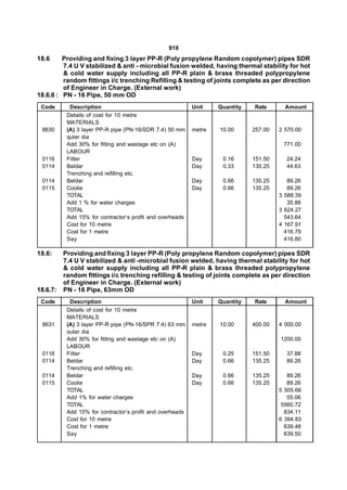 919
18.6     Providing and fixing 3 layer PP-R (Poly propylene Random copolymer) pipes SDR
         7.4 U V stabilized & anti - microbial fusion welded, having thermal stability for hot
         & cold water supply including all PP-R plain & brass threaded polypropylene
         random fittings i/c trenching Refilling & testing of joints complete as per direction
         of Engineer in Charge. (External work)
18.6.6 : PN - 16 Pipe, 50 mm OD
 Code       Description                                    Unit    Quantity   Rate       Amount
           Details of cost for 10 metre
           MATERIALS
 8630      (A) 3 layer PP-R pipe (PN-16/SDR 7.4) 50 mm     metre   10.00      257.00   2 570.00
           quter dia
           Add 30% for fitting and wastage etc on (A)                                   771.00
           LABOUR
 0116      Fitter                                          Day      0.16      151.50     24.24
 0114      Beldar                                          Day      0.33      135.25     44.63
           Trenching and refilling etc.
 0114      Beldar                                          Day      0.66      135.25      89.26
 0115      Coolie                                          Day      0.66      135.25      89.26
           TOTAL                                                                       3 588.39
           Add 1 % for water charges                                                      35.88
           TOTAL                                                                       3 624.27
           Add 15% for contractor’s profit and overheads                                 543.64
           Cost for 10 metre                                                           4 167.91
           Cost for 1 metre                                                              416.79
           Say                                                                           416.80

18.6:     Providing and fixing 3 layer PP-R (Poly propylene Random copolymer) pipes SDR
          7.4 U V stabilized & anti -microbial fusion welded, having thermal stability for hot
          & cold water supply including all PP-R plain & brass threaded polypropylene
          random fittings i/c trenching refilling & testing of joints complete as per direction
          of Engineer in Charge. (External work)
18.6.7:   PN - 16 Pipe, 63mm OD
 Code       Description                                    Unit    Quantity   Rate       Amount
           Details of cost for 10 metre
           MATERIALS
 8631      (A) 3 layer PP-R pipe (PN-16/SPR 7.4) 63 mm     metre   10.00      400.00   4 000.00
           outer dia
           Add 30% for fitting and wastage etc on (A)                                  1200.00
           LABOUR
 0116      Fitter                                          Day      0.25      151.50     37.88
 0114      Beldar                                          Day      0.66      135.25     89.26
           Trenching and refilling etc.
 0114      Beldar                                          Day      0.66      135.25      89.26
 0115      Coolie                                          Day      0.66      135.25      89.26
           TOTAL                                                                       5 505.66
           Add 1% for water charges                                                       55.06
           TOTAL                                                                        5560.72
           Add 15% for contractor’s profit and overheads                                 834.11
           Cost for 10 metre                                                           6 394.83
           Cost for 1 metre                                                              639.48
           Say                                                                           639.50
 
