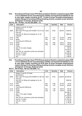 921
18.6 :   Providing and fixing 3 layer PP-R (Poly propylene Random copolymer) pipes SDR
         7.4 U V stabilized & anti -microbial fusion welded, having thermal stability for hot
         & cold water supply including all PP - R plain & brass threaded polypropylene
         random fittings i/c trenching refilling & testing of joints complete as per direction
         of Engineer in Charge. (External work)
18.6.10: PN - 10 Pipe, 110 mm OD (SDR - 11)
 Code      Description                                    Unit    Quantity     Rate          Amount
          Details of cost for 10 metre
          MATERIALS
 8634     (A) 3 layer PP-R pipe (PN-16/SDR 7.4)110 mm     metre   10.00       962.00     9 620.00
          outer dia
          Add 30% for fitting and wastage etc on (A)                                     2886.00
          LABOUR
 0116     Fitter                                          Day      0.37       151.50          56.06
 0114     Beldar                                          Day      0.97       135.25         131.19
          Trenching and refilling etc.
 0114     Beldar                                          Day      0.80       135.25       108.20
 0115     Coolie                                          Day      0.80       135.25       108.20
          TOTAL                                                                         12 909.65
          Add 1% for water charges                                                         129.10
          TOTAL                                                                         13 038.75
          Add 15% for contractor’s profit and overheads                                   1955.81
          Cost for 10 metre                                                             14 994.56
          Cost for 1 metre                                                               1 499.46
          Say                                                                            1 499.45

18.6    Providing and fixing 3 layer PP-R (Poly propylene Random copolymer) pipes SDR
        7.4 U V stabilized & anti -microbial fusion welded, having thermal stability for hot
        & cold water supply including all PP-R plain & brass threaded polypropylene
        random fittings i/c trenching refilling & testing of joints complete as per direction
        of Engineer in Charge. (External work)
18.6.11 PN-10 Pipe, 160 mm OD (SDR- 11)
 Code      Description                                    Unit    Quantity     Rate          Amount
          Details of cost for 10 metre
          MATERIALS
 8635     (A) 3 layer PP-R pipe (PN-16/SDR7.4) 160 mm     metre   10.00      2 028.00   20 280.00
          outer dia
          Add 30% for fitting and wastage etc on (A)                                     6084.00
          LABOUR
 0116     Fitter                                          Day      0.58       151.50          87.87
 0114     Beldar                                          Day      1.54       135.25         208.28
          Trenching and refilling etc.
 0114     Beldar                                          Day      1.28       135.25         162.30
 0115     Coolie                                          Day      1.20       135.25         162.30
          TOTAL                                                                         26   984.75
          Add 1 % for water charges                                                          269.85
          TOTAL                                                                         27   254.60
          Add 15% for contractor’s profit and overheads                                  4   088.19
          Cost for 10 metre                                                             31   342.79
          Cost for 1 metre                                                               3   134.28
          Say                                                                            3   134.30
 