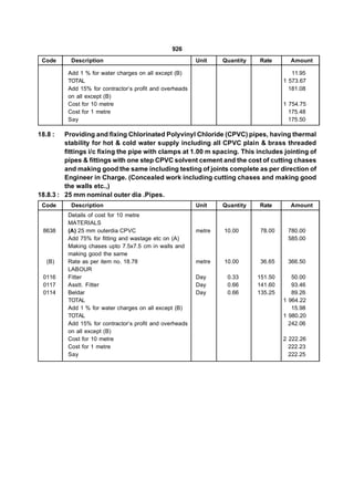 926
 Code      Description                                    Unit    Quantity   Rate       Amount

          Add 1 % for water charges on all except (B)                                    11.95
          TOTAL                                                                       1 573.67
          Add 15% for contractor’s profit and overheads                                 181.08
          on all except (B)
          Cost for 10 metre                                                           1 754.75
          Cost for 1 metre                                                              175.48
          Say                                                                           175.50

18.8 :   Providing and fixing Chlorinated Polyvinyl Chloride (CPVC) pipes, having thermal
         stability for hot & cold water supply including all CPVC plain & brass threaded
         fittings i/c fixing the pipe with clamps at 1.00 m spacing. This includes jointing of
         pipes & fittings with one step CPVC solvent cement and the cost of cutting chases
         and making good the same including testing of joints complete as per direction of
         Engineer in Charge. (Concealed work including cutting chases and making good
         the walls etc.,)
18.8.3 : 25 mm nominal outer dia .Pipes.
 Code      Description                                    Unit    Quantity   Rate       Amount
          Details of cost for 10 metre
          MATERIALS
 8638     (A) 25 mm outerdia CPVC                         metre   10.00       78.00    780.00
          Add 75% for fitting and wastage etc on (A)                                   585.00
          Making chases upto 7.5x7.5 cm in walls and
          making good the same
   (B)    Rate as per item no. 18.78                      metre   10.00       36.65    366.50
          LABOUR
 0116     Fitter                                          Day      0.33      151.50      50.00
 0117     Asstt. Fitter                                   Day      0.66      141.60      93.46
 0114     Beldar                                          Day      0.66      135.25      89.26
          TOTAL                                                                       1 964.22
          Add 1 % for water charges on all except (B)                                    15.98
          TOTAL                                                                       1 980.20
          Add 15% for contractor’s profit and overheads                                 242.06
          on all except (B)
          Cost for 10 metre                                                           2 222.26
          Cost for 1 metre                                                              222.23
          Say                                                                           222.25
 