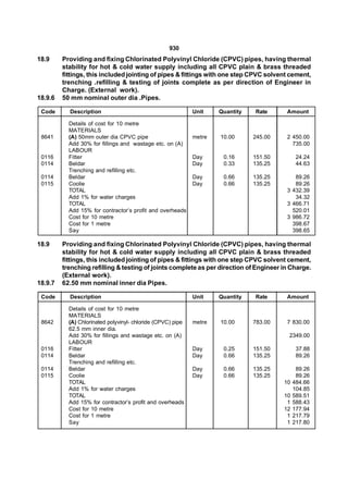 930
18.9     Providing and fixing Chlorinated Polyvinyl Chloride (CPVC) pipes, having thermal
         stability for hot & cold water supply including all CPVC plain & brass threaded
         fittings, this included jointing of pipes & fittings with one step CPVC solvent cement,
         trenching .refilling & testing of joints complete as per direction of Engineer in
         Charge. (External work).
18.9.6   50 mm nominal outer dia .Pipes.

 Code      Description                                       Unit    Quantity   Rate     Amount

           Details of cost for 10 metre
           MATERIALS
 8641      (A) 50mm outer dia CPVC pipe                      metre   10.00      245.00   2 450.00
           Add 30% for fillings and wastage etc. on (A)                                    735.00
           LABOUR
 0116      Fitter                                            Day      0.16      151.50         24.24
 0114      Beldar                                            Day      0.33      135.25         44.63
           Trenching and refilling etc.
 0114      Beldar                                            Day      0.66      135.25      89.26
 0115      Coolie                                            Day      0.66      135.25      89.26
           TOTAL                                                                         3 432.39
           Add 1% for water charges                                                         34.32
           TOTAL                                                                         3 466.71
           Add 15% for contractor’s profit and overheads                                   520.01
           Cost for 10 metre                                                             3 986.72
           Cost for 1 metre                                                                398.67
           Say                                                                             398.65

18.9     Providing and fixing Chlorinated Polyvinyl Chloride (CPVC) pipes, having thermal
         stability for hot & cold water supply including all CPVC plain & brass threaded
         fittings, this included jointing of pipes & fittings with one step CPVC solvent cement,
         trenching refilling & testing of joints complete as per direction of Engineer in Charge.
         (External work).
18.9.7   62.50 mm nominal inner dia Pipes.

 Code      Description                                       Unit    Quantity   Rate     Amount

           Details of cost for 10 metre
           MATERIALS
 8642      (A) Chlorinated polyvinyl- chloride (CPVC) pipe   metre   10.00      783.00   7 830.00
           62.5 mm inner dia.
           Add 30% for fillings and wastage etc. on (A)                                   2349.00
           LABOUR
 0116      Fitter                                            Day      0.25      151.50         37.88
 0114      Beldar                                            Day      0.66      135.25         89.26
           Trenching and refilling etc.
 0114      Beldar                                            Day      0.66      135.25         89.26
 0115      Coolie                                            Day      0.66      135.25         89.26
           TOTAL                                                                         10   484.66
           Add 1% for water charges                                                           104.85
           TOTAL                                                                         10   589.51
           Add 15% for contractor’s profit and overheads                                  1   588.43
           Cost for 10 metre                                                             12   177.94
           Cost for 1 metre                                                               1   217.79
           Say                                                                            1   217.80
 
