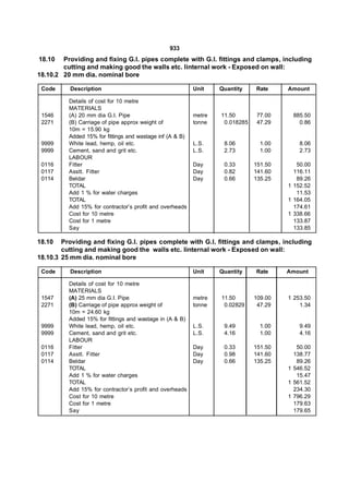 933
18.10   Providing and fixing G.I. pipes complete with G.I. fittings and clamps, including
        cutting and making good the walls etc. Iinternal work - Exposed on wall:
18.10.2 20 mm dia. nominal bore

 Code     Description                                      Unit    Quantity    Rate     Amount

          Details of cost for 10 metre
          MATERIALS
 1546     (A) 20 mm dia G.I. Pipe                          metre   11.50        77.00    885.50
 2271     (B) Carriage of pipe approx weight of            tonne    0.018285    47.29      0.86
          10m = 15.90 kg
          Added 15% for fittings and wastage inf (A & B)
 9999     White lead, hemp, oil etc.                       L.S.     8.06         1.00       8.06
 9999     Cement, sand and grit etc.                       L.S.     2.73         1.00       2.73
          LABOUR
 0116     Fitter                                           Day      0.33       151.50      50.00
 0117     Asstt. Fitter                                    Day      0.82       141.60     116.11
 0114     Beldar                                           Day      0.66       135.25      89.26
          TOTAL                                                                         1 152.52
          Add 1 % for water charges                                                        11.53
          TOTAL                                                                         1 164.05
          Add 15% for contractor’s profit and overheads                                   174.61
          Cost for 10 metre                                                             1 338.66
          Cost for 1 metre                                                                133.87
          Say                                                                             133.85

18.10   Providing and fixing G.I. pipes complete with G.I. fittings and clamps, including
        cutting and making good the walls etc. Iinternal work - Exposed on wall:
18.10.3 25 mm dia. nominal bore

 Code     Description                                      Unit    Quantity    Rate     Amount

          Details of cost for 10 metre
          MATERIALS
 1547     (A) 25 mm dia G.I. Pipe                          metre   11.50       109.00   1 253.50
 2271     (B) Carriage of pipe approx weight of            tonne    0.02829     47.29       1.34
          10m = 24.60 kg
          Added 15% for fittings and wastage in (A & B)
 9999     White lead, hemp, oil etc.                       L.S.     9.49         1.00       9.49
 9999     Cement, sand and grit etc.                       L.S.     4.16         1.00       4.16
          LABOUR
 0116     Fitter                                           Day      0.33       151.50      50.00
 0117     Asstt. Fitter                                    Day      0.98       141.60     138.77
 0114     Beldar                                           Day      0.66       135.25      89.26
          TOTAL                                                                         1 546.52
          Add 1 % for water charges                                                        15.47
          TOTAL                                                                         1 561.52
          Add 15% for contractor’s profit and overheads                                   234.30
          Cost for 10 metre                                                             1 796.29
          Cost for 1 metre                                                                179.63
          Say                                                                             179.65
 