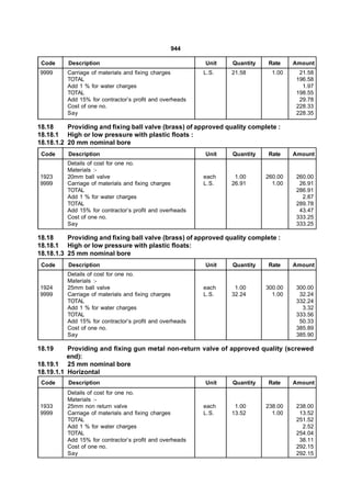 944

 Code     Description                                    Unit   Quantity    Rate    Amount
9999     Carriage of materials and fixing charges        L.S.   21.58        1.00    21.58
         TOTAL                                                                      196.58
         Add 1 % for water charges                                                    1.97
         TOTAL                                                                      198.55
         Add 15% for contractor’s profit and overheads                               29.78
         Cost of one no.                                                            228.33
         Say                                                                        228.35

18.18     Providing and fixing ball valve (brass) of approved quality complete :
18.18.1 High or low pressure with plastic floats :
18.18.1.2 20 mm nominal bore
 Code     Description                                    Unit   Quantity    Rate    Amount
         Details of cost for one no.
         Materials :-
1923     20mm ball valve                                 each    1.00      260.00   260.00
9999     Carriage of materials and fixing charges        L.S.   26.91        1.00    26.91
         TOTAL                                                                      286.91
         Add 1 % for water charges                                                    2.87
         TOTAL                                                                      289.78
         Add 15% for contractor’s profit and overheads                               43.47
         Cost of one no.                                                            333.25
         Say                                                                        333.25

18.18     Providing and fixing ball valve (brass) of approved quality complete :
18.18.1 High or low pressure with plastic floats:
18.18.1.3 25 mm nominal bore
 Code     Description                                    Unit   Quantity    Rate    Amount
         Details of cost for one no.
         Materials :-
1924     25mm ball valve                                 each    1.00      300.00   300.00
9999     Carriage of materials and fixing charges        L.S.   32.24        1.00    32.24
         TOTAL                                                                      332.24
         Add 1 % for water charges                                                    3.32
         TOTAL                                                                      333.56
         Add 15% for contractor’s profit and overheads                               50.33
         Cost of one no.                                                            385.89
         Say                                                                        385.90

18.19     Providing and fixing gun metal non-return valve of approved quality (screwed
          end):
18.19.1 25 mm nominal bore
18.19.1.1 Horizontal
 Code     Description                                    Unit   Quantity    Rate    Amount
         Details of cost for one no.
         Materials :-
1933     25mm non return valve                           each    1.00      238.00   238.00
9999     Carriage of materials and fixing charges        L.S.   13.52        1.00    13.52
         TOTAL                                                                      251.52
         Add 1 % for water charges                                                    2.52
         TOTAL                                                                      254.04
         Add 15% for contractor’s profit and overheads                               38.11
         Cost of one no.                                                            292.15
         Say                                                                        292.15
 
