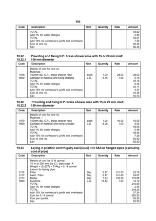 950
 Code      Description                                    Unit   Quantity   Rate     Amount
          TOTAL                                                                         48.52
          Add 1% for water charges                                                       0.49
          TOTAL                                                                         49.01
          Add 15% for contractor’s profit and overheads                                  7.35
          Cost of one no.                                                               56.36
          Say                                                                           56.35


18.22     Providing and fixing C.P. brass shower rose with 15 or 20 mm inlet:
18.22.1   100 mm diameter
 Code      Description                                    Unit   Quantity   Rate     Amount

          Details of cost for one no.
          Materials :-
 1878     100mm dia. C,P., brass shower rose              each      1.00     28.00      28.00
 9999     Carriage of material and fixing charges         L.S.      6.76      1.00       6.76
          TOTAL                                                                         34.76
          Add 1% for water charges                                                       0.35
          TOTAL                                                                         35.11
          Add 15% for contractor’s profit and overheads                                  5.27
          Cost of one no.                                                               40.38
          Say                                                                           40.40

18.22     Providing and fixing C.P. brass shower rose with 15 or 20 mm inlet:
18.22.2   150 mm diameter
 Code      Description                                    Unit   Quantity   Rate     Amount
          Details of cost for one no.
          Materials :-
 1879     150mm dia. C,P., brass shower rose              each      1.00     40.00      40.00
 9999     Carriage of material and fixing charges         L.S.      8.06      1.00       8.06
          TOTAL                                                                         48.06
          Add 1% for water charges                                                       0.48
          TOTAL                                                                         48.54
          Add 15% for contractor’s profit and overheads                                  7.28
          Cost of one no.                                                               55.82
          Say                                                                           55.80

18.23     Laying in position centrifugally cast (spun) iron S&S or flanged pipes (excluding
          cost of pipe)
 Code      Description                                    Unit   Quantity   Rate     Amount

          Details of cost for 5.14 quintal
          10 m of 200 mm dia C.I. pipe class ‘A’
          Weight = (2x257) = 514kg = 5.14 quintal
          Labour for laying pipe
 0116     Fitter                                          Day       0.17    151.50      25.76
 0117     Asstt. Fitter                                   Day       0.17    141.60      24.07
 0114     Beldar                                          Day       1.33    135.25     179.88
 9999     Sundries                                        L.S.     16.12      1.00      16.12
          TOTAL                                                                        245.83
          Add 1% for water charges                                                       2.46
          TOTAL                                                                        248.29
          Add 15% for contractor’s profit and overheads                                 37.24
          Cost for 5.14 quintal                                                        285.53
          Cost per quintal                                                              55.55
          Say                                                                           55.55
 