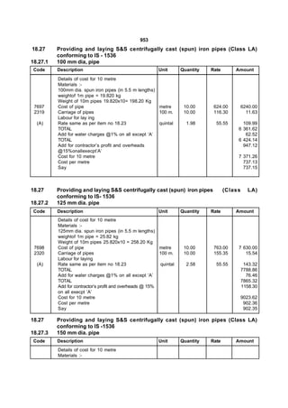 953
18.27     Providing and laying S&S centrifugally cast (spun) iron pipes (Class LA)
          conforming to IS - 1536
18.27.1   100 mm dia, pipe
 Code     Description                                    Unit       Quantity   Rate       Amount
          Details of cost for 10 metre
          Materials :-
          100mm dia. spun iron pipes (in 5.5 m lengths)
          weightof 1m pipe = 19.820 kg
          Weight of 10m pipes 19.820x10= 198.20 Kg
 7697     Cost of pipe                                  metre        10.00      624.00         6240.00
 2319     Carriage of pipes                             100 m.       10.00      116.30           11.63
          Labour for lay ing
  (A)     Rate same as per item no 18.23                quintal       1.98       55.55       109.99
          TOTAL                                                                            6 361.62
          Add for water charges @1% on all except ‘A’                                         62.52
          TOTAL                                                                            6 424.14
          Add for contractor’s profit and overheads                                          947.12
          @15%onallexecpt’A’
          Cost for 10 metre                                                                7 371.26
          Cost per metre                                                                     737.13
          Say                                                                                737.15



18.27     Providing and laying S&S centrifugally cast (spun) iron pipes               (Class     LA)
          conforming to IS- 1536
18.27.2   125 mm dia. pipe
 Code     Description                                    Unit       Quantity   Rate       Amount
          Details of cost for 10 metre
          Materials :-
          125mm dia. spun iron pipes (in 5.5 m lengths)
          weightof 1m pipe = 25.82 kg
          Weight of 10m pipes 25.820x10 = 258.20 Kg
 7698     Cost of pipe                                    metre      10.00      763.00     7 630.00
 2320     Carriage of pipes                               100 m.     10.00      155.35        15.54
          Labour for laying
  (A)     Rate same as per item no 18.23                  quintal     2.58       55.55          143.32
          TOTAL                                                                                7788.86
          Add for water charges @1% on all except ‘A’                                            76.46
          TOTAL                                                                                7865.32
          Add for contractor’s profit and overheads @ 15%                                      1158.30
          on all execpt ’A’
          Cost for 10 metre                                                                    9023.62
          Cost per metre                                                                        902.36
          Say                                                                                   902.35

18.27     Providing and laying S&S centrifugally cast (spun) iron pipes (Class LA)
          conforming to IS -1536
18.27.3   150 mm dia. pipe
 Code     Description                                    Unit       Quantity   Rate       Amount
          Details of cost for 10 metre
          Materials :-
 