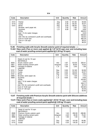 614

Code       Description                                   Unit      Quantity    Rate     Amount

 0131   Painter                                           Day         0.60    141.60     84.96
 0115   Coolie                                            Day         0.30    135.25     40.57
 0101   Bhisti                                            Day         0.05    138.45      6.92
        Brushes, sand paper etc                           L.S         7.02      1.00      7.02
        Sundries                                          L.S         8.06      1.00      8.06
        TOTAL                                                                           828.53
        Add 1 % for water charges                                                         8.29
        TOTAL                                                                           836.82
        Add 15% for contractor’s profit and overheads                                   125.52
        Cost of 10.00 sqm                                                               962.34
        Cost of 1.00 sqm                                                                 96.23
        Say                                                                              96.25

13.46 Finishing walls with Acrylic Smooth exterior paint of required shade : —
13.46.1 New work (Two or more coat applied @ 1.67 ltr/10 sqm over and including base
       coat of water proofing cement paint applied @ 2.20 kg/ 10 sqm).
Code       Description                                   Unit      Quantity   Rate      Amount

        Detail of cost for 10 sqm
        MATERIALS
8505    Acrylic exterior paint                             litre      1.67    123.00    205.41
0851    Water proofing cement paint                     kilogram      2.20     36.00     79.20
9999    Carriage of material                               L.S        1.56      2.60      1.56
        LABOUR
0131    Painter                                           Day         0.06    141.60     84.96
0115    Coolie                                            Day         0.30    135.25     40.57
0101    Bhisti                                            Day         0.05    138.45      6.92
9999    Brushes, sand paper etc                           L.S         7.15      1.00      7.15
9999    Sundries                                          L.S         8.06      1.00      8.06
        TOTAL                                                                           433.83
        Add 1 % for water charges                                                         4.34
        TOTAL                                                                           438.17
        Add 15% for contractor’s profit and overheads                                    65.73
        Cost of 10.00 sqm                                                               503.90
        Cost of 1.00 sqm                                                                 50.39
        Say                                                                              50.40


13.47 Finishing walls with Premium Acrylic Smooth exterior paint with Silicone additives
       of required shade —
13.47.1 New work (Two or more coats applied @ 1.43 ltr/ 10 sqm. over and including base
       coat of water proofing cement paint applied @ 2.20 kg/ 10 sqm).

Code       Description                                   Unit      Quantity    Rate     Amount

        Detail of cost for 10 sqm
        MATERIALS
 8506   Premium Acrylic exterior paint                     litre       1.43    202.00   288.86
 0851   Water proofing cement paint                     kilogram       2.20     36.00    79.20
 9999   Carriage of material                               L.S         1.56      1.00     1.56
        LABOUR
 0131   Painter                                           Day          0.06    141.60    84.96
 0115   Coolie                                            Day          0.30    135.25    40.57
 