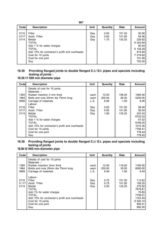 967
 Code       Description                                  Unit   Quantity   Rate     Amount

 0116    Fitter                                          Day      0.60     151.50      90.90
 0117    Asstt. Fitter                                   Day      0.60     141.60      84.96
 0114    Beldar                                          Day      1.75     135.25     229.92
         TOTAL                                                                      6 043.84
         Add 1 % for water charges                                                     60.44
         TOTAL                                                                      6 104.28
         Add 15% for contractor’s profit and overheads                                915.64
         Cost for 10 joints                                                         7 019.92
         Cost for one joint                                                           701.99
         Say                                                                          702.00


18.30    Providing flanged joints to double flanged C.I./ D.I. pipes and specials including
         testing of joints :
18.30.11 500 mm diameter pipe

 Code       Description                                  Unit   Quantity   Rate     Amount
         Details of cost for 10 joints
         Materials :-
 1383    Rubber insertion 3 mm thick                     each    10.00     106.00   1060.00
 1964    Bolts and nuts 20mm dia 75mm long               each   200.00      26.00   5200.00
 9999    Carriage of materials                           L.S.     8.06       1.00      8.06
         Labour-
 0116    Fitter                                          Day      0.65     151.50     98.48
 0117    Asstt. Fitter                                   Day      0.65     141.60     92.04
 0114    Beldar                                          Day      1.80     135.25    243.45
         TOTAL                                                                      6702.03
         Add 1 % for water charges                                                    67.02
         TOTAL                                                                      6769.05
         Add 15% for contractor’s profit and overheads                              1015.36
         Cost for 10 joints                                                         7784.41
         Cost for one joint                                                          778.44
         Say                                                                         778.45

18.30    Providing flanged joints to double flanged C.I./ D.I. pipes and specials including
         testing of joints
18.30.12 600 mm diameter pipe

 Code       Description                                  Unit   Quantity   Rate     Amount
         Details of cost for 10 joints
         Materials :-
 1384    Rubber insertion 3mm thick                      each    10.00     118.00   1180.00
 1964    Bolds and nuts 20mm dia 75mm long               each   200.00      30.00   6000.00
 9999    Carriage of materials                           L.S.     9.49       1.00      9.49

         Labour-
 0116    Fitter                                          Day      0.75     151.50     113.62
 0 117   Asstt. Fitter                                   Day      0.75     141.60     106.20
 0114    Beldar                                          Day      2.00     135.25     270.50
         TOTAL                                                                       7679.81
         Add 1% for water charges                                                      76.80
         TOTAL                                                                       7756.61
         Add 15% for contractor’s profit and overheads                               1163.49
         Cost for 10 joints                                                         8 920.10
         Cost for one joint                                                           892.01
         Say                                                                          892.00
 