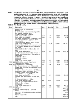 975
18.33   Constructing masonry Chamber 60x60x75 cm, inside with 75 class designation brick
        work in cement mortar 1:4 (1 cement :4coarse sand) for sluice valve, with C.I. surface
        box 100mm. top diameter, 160 mm bottom diameter and 180 mm deep (inside) with
        chained lid and RCC top slab 1:2:4 mix (1 cement :2 coarse sand : 4 graded stone
        aggregate 20mm nominal size ) necessary excavation7foundation concrete 1:5:10
        (1 cement : 5 fine sand : 10 graded stone aggregate 40 mm nominal size) and inside
        plastering with cement mortar 1:3 (1 cement : 3 coarse sand) 12 mm thick finished
        with a floating coat of neat cement complete as per standard design :
18.33.1 With F.P.S. bricks
 Code      Description                                         Unit   Quantity     Rate     Amount
            Details of cost for one chamber
            Materials :-
            (i) Earth work in excavation including refilling
            and disposal of surplus earth
            1.21 x 1.21 x 1.00m= 1.464cum.
            (Rate as per item No. 2.8.1)                       cum     1.46       103.40     150.96
            (Rate as per item No.2.25)                         cum     1.46        45.70      66.72
            (ii) Cement concrete 1:5:10 (1 Cement: 5 fine
            sand : 10 graded stone aggregate 40mm
            nominal size)
            1.21xl.21x0.1m=0.146cum. Say 0.15 cum.
            (Rate as per item No.4.1.11)                       cum      0.15     2 079.60   311.94
            (iii) Second class brick work in cement mortar
            1: 4(1 Cement: 4coarse sand) in foundations
            and plinth
            3.32mx0.23mx0.75m=0.573cum. Say 0.57
            cum.
            (Rate as per item no 6.1.1)                        cum     0.57      2 293.40   1 307.24
            (iv) 12mm cement plaster 1:3 (1 Cement: 3
            Coarse sand) finished with a floating coat of
            neat cement.
            2.40x0.75=1.80sqm
            0.60x0.60=0.36sqm.
            =2.16sqm.
            (Rate as per item no. 13.9.1)                      sqm     2.16       112.80     243.65
 1305   (A) (v) C.I. surface box with hinged cover             each    1.00       140.00     140.00
            100x100x75mm (inside)
 9999   (A) (vi) Carriage of C.I. surface box                  L.S.    8.06          1.00       8.06
            (vii) Cement concrete 1:2:4 (1 Cement: 2
            Coarse sand ; 4 graded stone aggregate 20mm
            nominal size)
            in slab = 1.06mx1.06mx0.15m = 0.1685 cum.
            Less surface box 3.142/4xd2xO. 18m -
            0.7854x0.156mx0.156mx0.18 = (-)0.0034
            cum = 0.1651 cum. Say 0.17 cum.
            (Rate as per item No.5.3)                          cum     0.17      3 673.85    624.55
            (viii) Mild steel reinforcement for RCC work
            etc.
            0.165cum.x80kg/cum. = 13.2kg.
            (Rate as per item No.5.22.1                        kg     13.20         41.50    547.80
            (ix) Form work 0.60mx0.60m=0.36sqm.+
            3.32mx0.15m=0.50sqm.
            = 0.86 sqm.
            (Rate as per item No.5.9.3)                        sqm     0.86       187.35      161.12
 9999   (A) (x) Sundries                                       L.S.    8.06         1.00        8.06
            TOTAL                                                                           3 570.10
        (B) Add for water charges @ 1 % on (A)                                                  1.56
            TOTAL                                                                           3 571.66
            Add 1 15% for contractor’s profit and overheads                                    23.65
            on (A+B)
            Cost of one chamber                                                             3 595.31
            Say                                                                             3 595.30
 